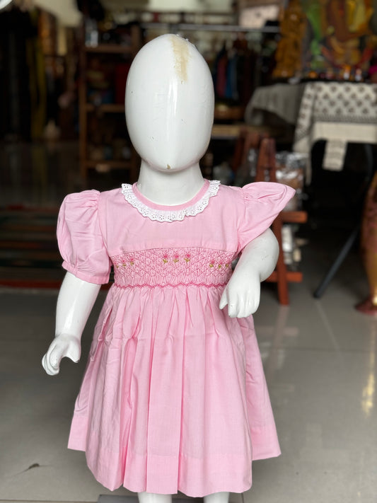 Pink smocking cotton frock with lace detailing and hand embroidery