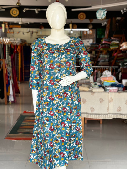 Teal blue floral printed kantha cotton straight Kurti with pocket and front buttons