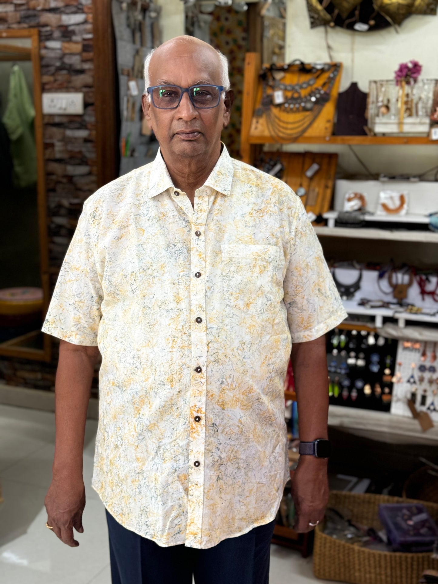 Cream paper hand printed cotton mens shirt - half sleeves