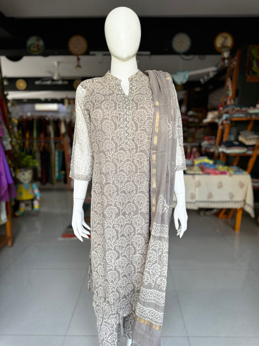 Grey floral print kota cotton straight Kurti, pants and dupatta set - with hand work on yoke