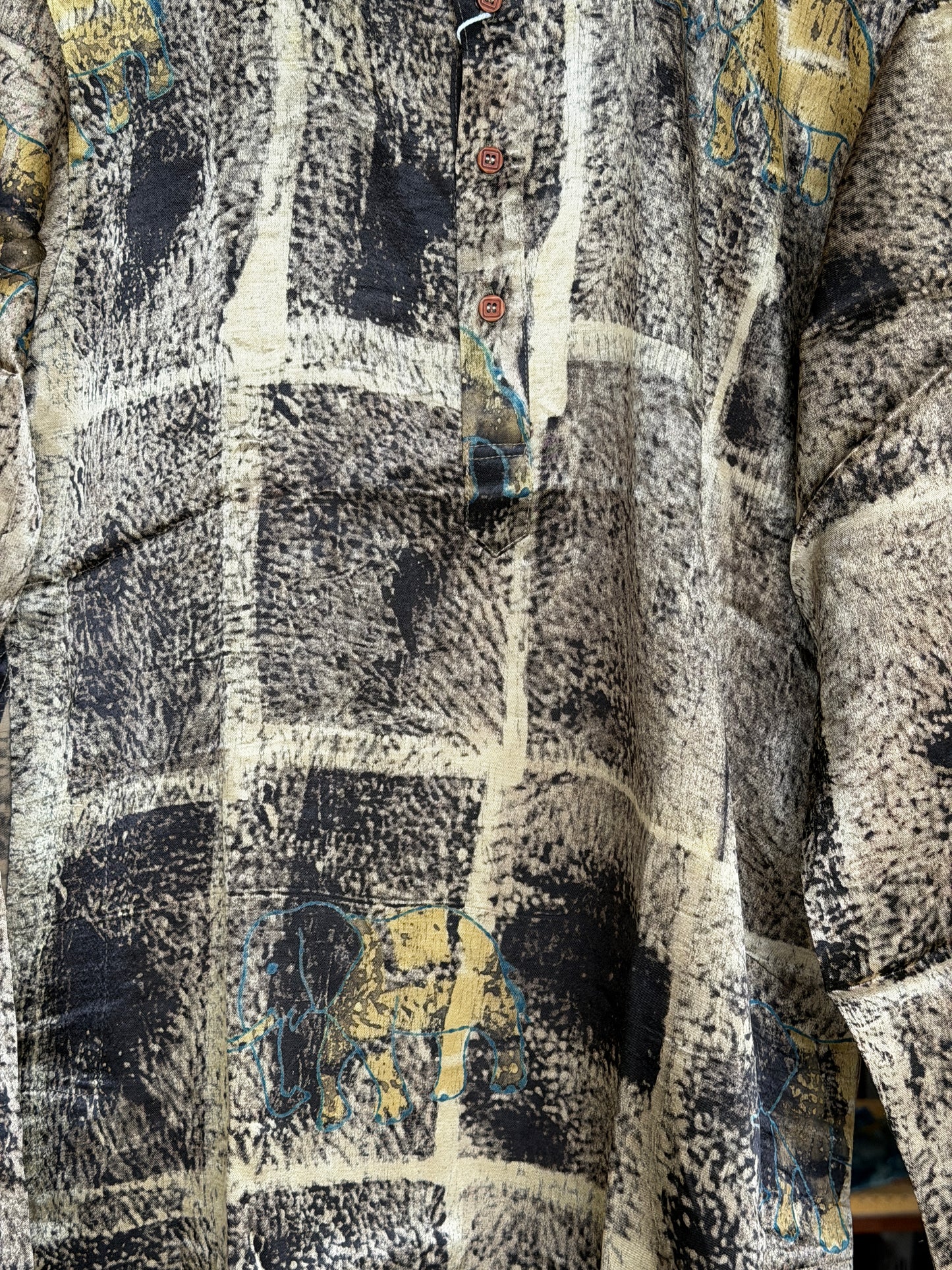 Black and beige elephants hand block printed Ajrakh mashru long kurta for men