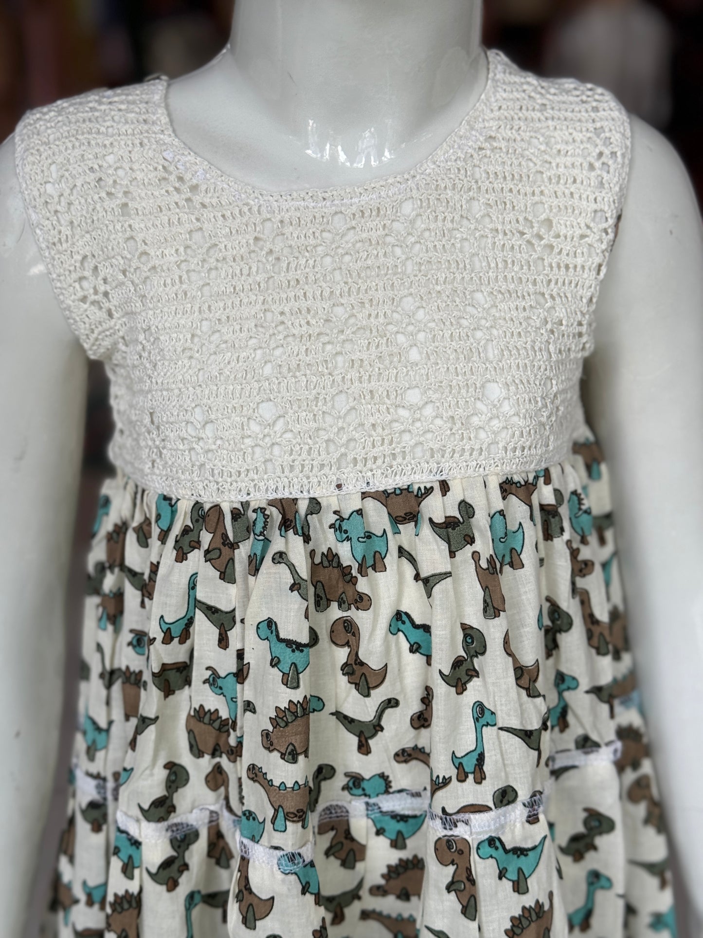 Tiered hand block printed cotton frock with crochet yoke for girls