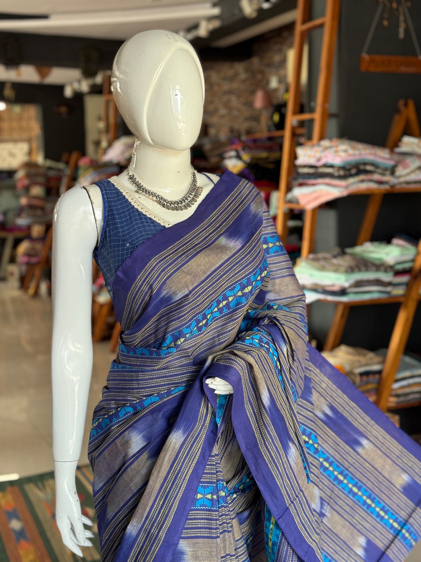 Blue stripes Chettinad cotton handloom yardage / saree