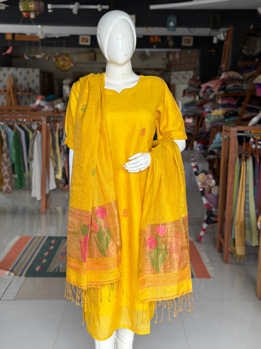 Yellow silk tissue linen handwoven Jamdani - kurti n dupatta 2 piece set