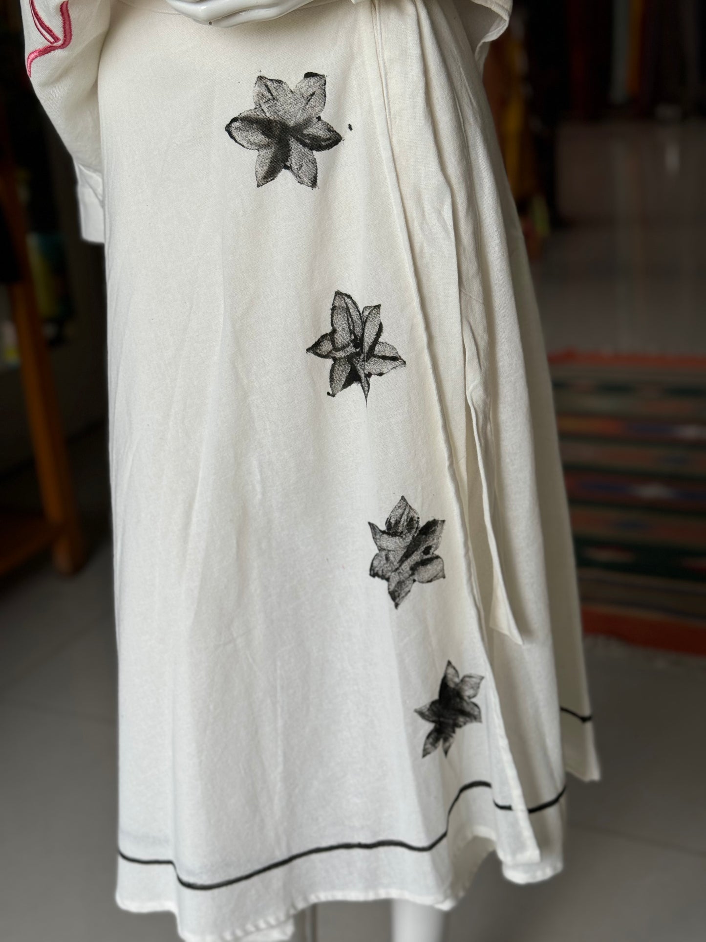 Off white cotton hand block printed wrap around skirt - free size