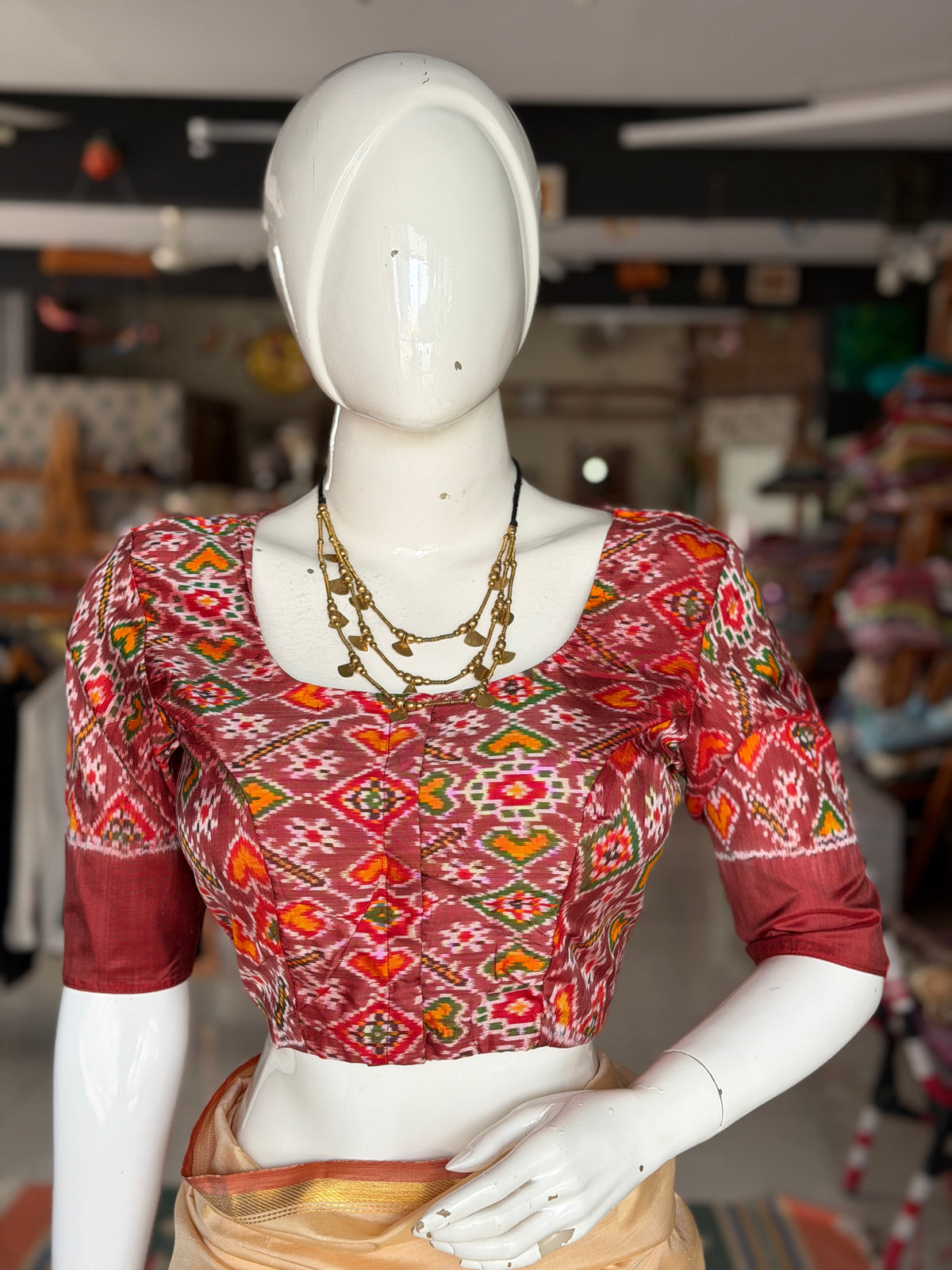 Brick red pure  silk Ikat handloom elbow sleeves princess cut front open blouse