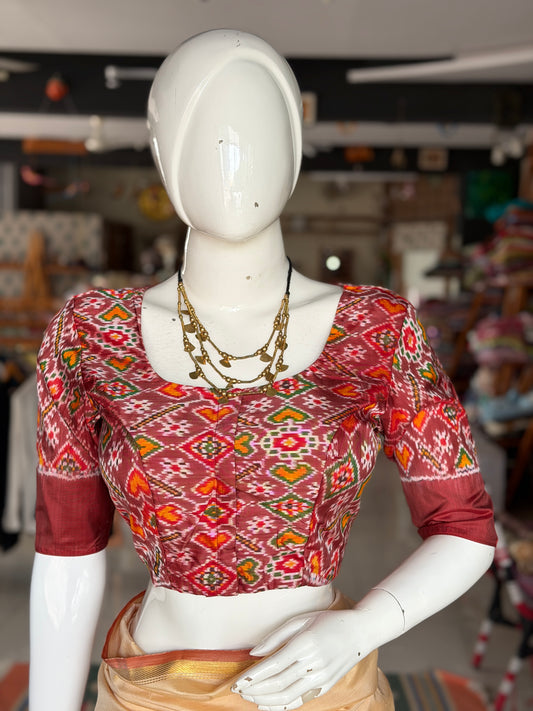 Brick red pure  silk Ikat handloom elbow sleeves princess cut front open blouse