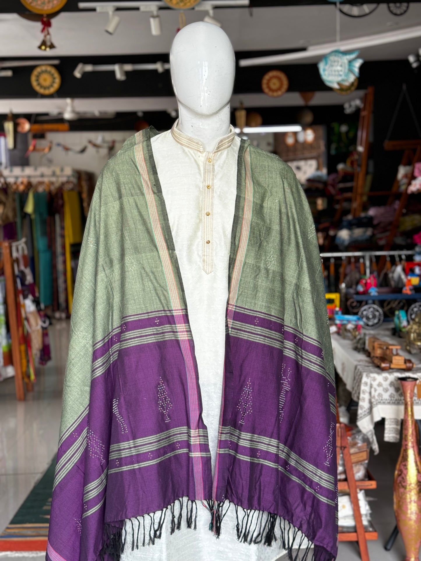 Green and purple deer motif cotton Tangaliya handloom dupatta