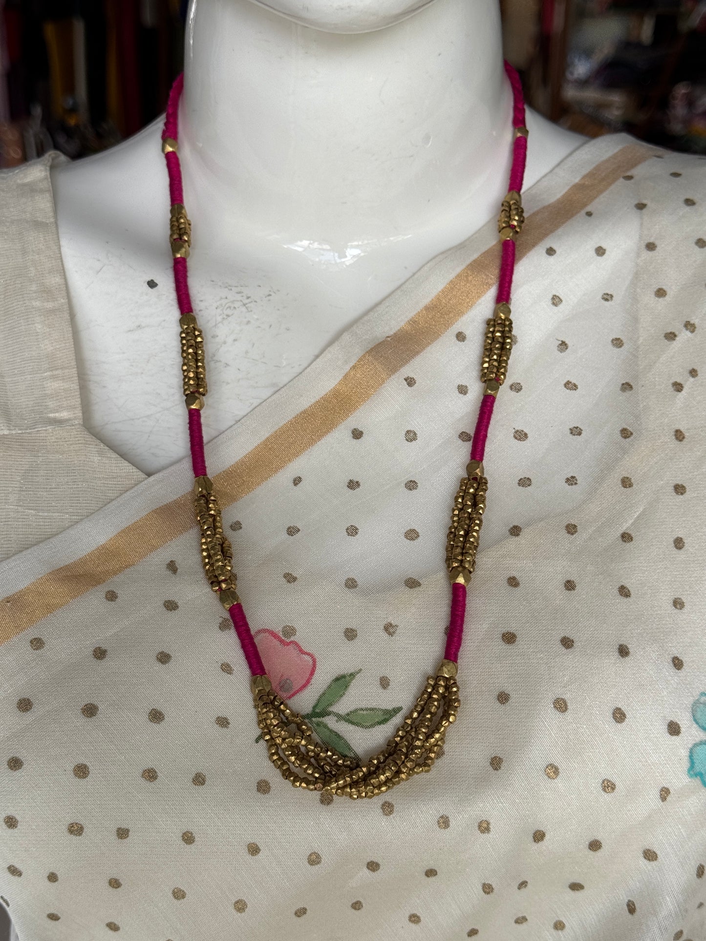 Pink wrapped cord thread and dokra brass beads chain bunch handcrafted neckpiece