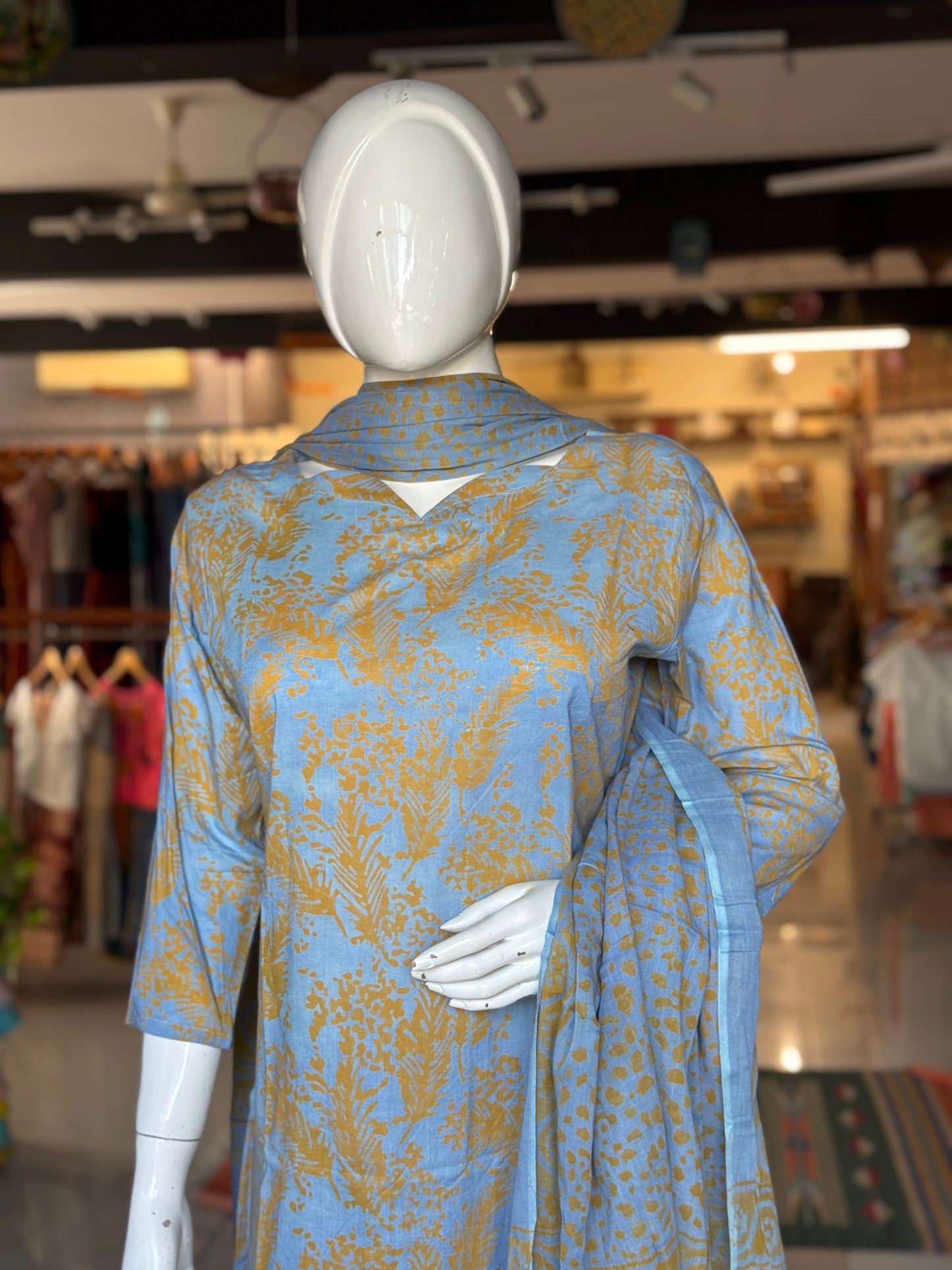 Blue and orange leaf pattern soft batik cotton straight kurta, dupatta and pants -  3 piece suit set