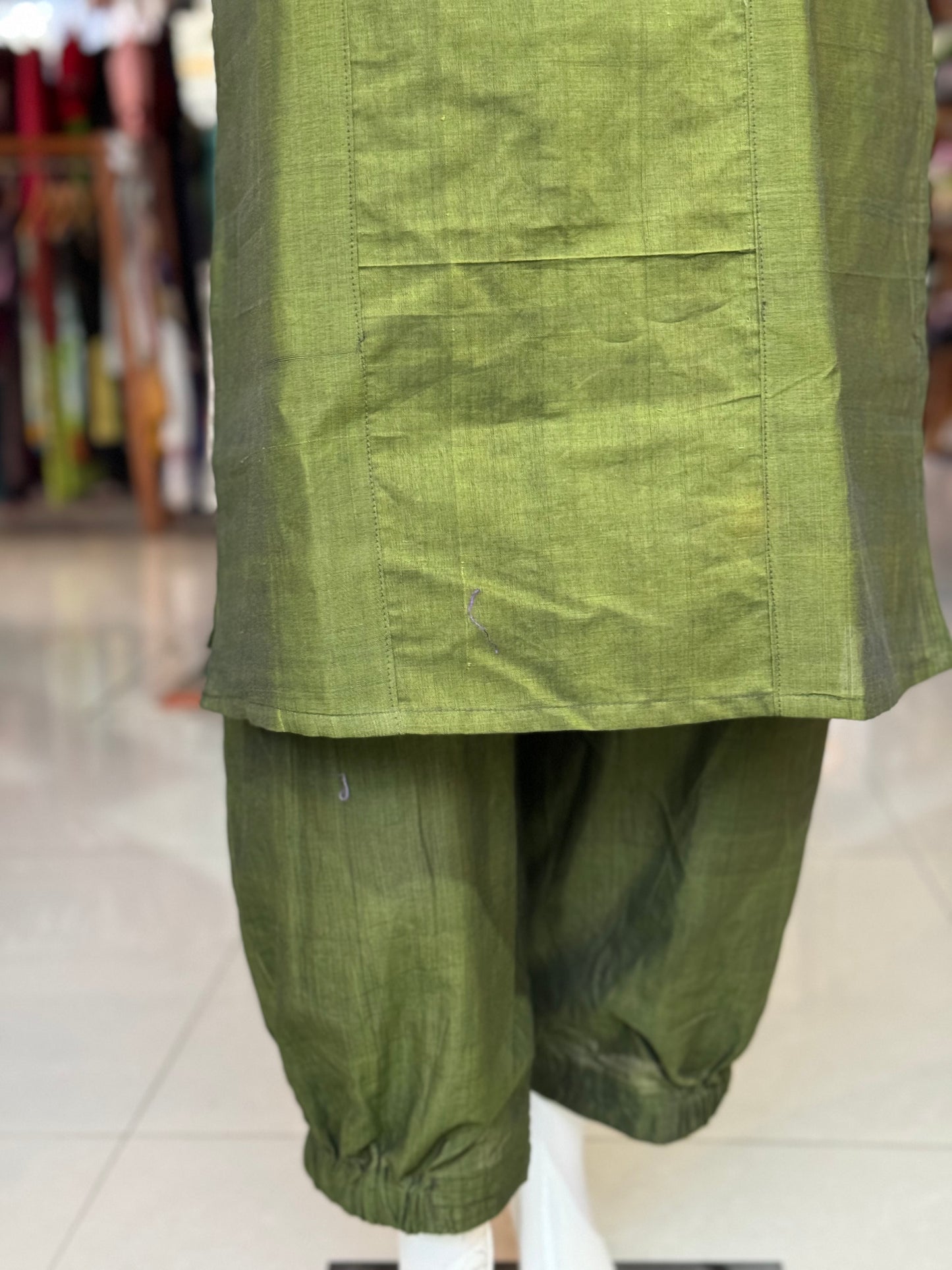 Dark green handloom cotton pintucks kurta and pleated harem style pants coord set