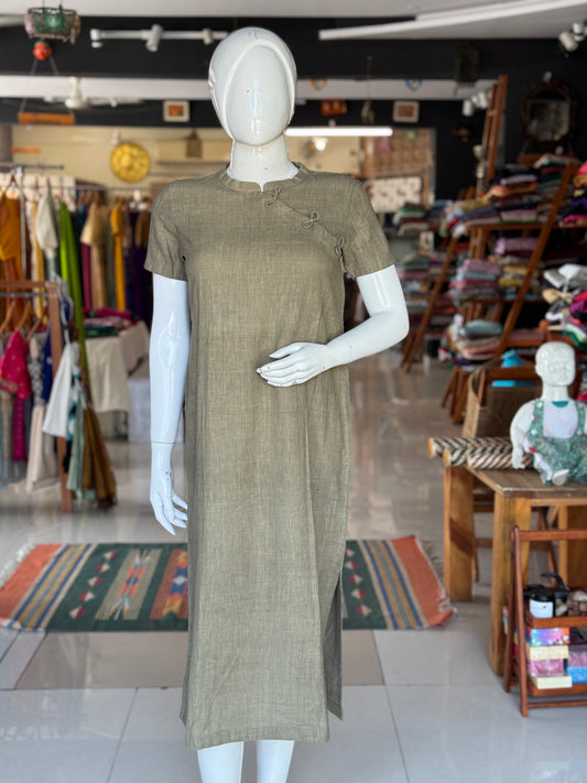 Mehendi green natural dyed , hand woven, organic cotton dress band collared dress with one side slit