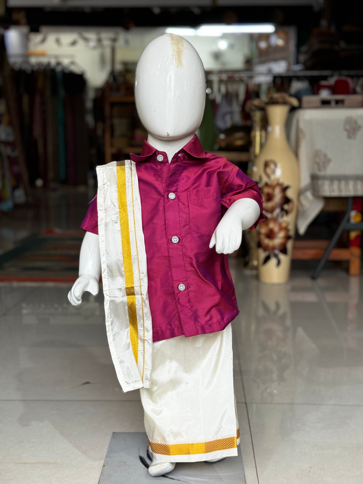 Purple art silk shirt, cream pancha and kanduva set for boys