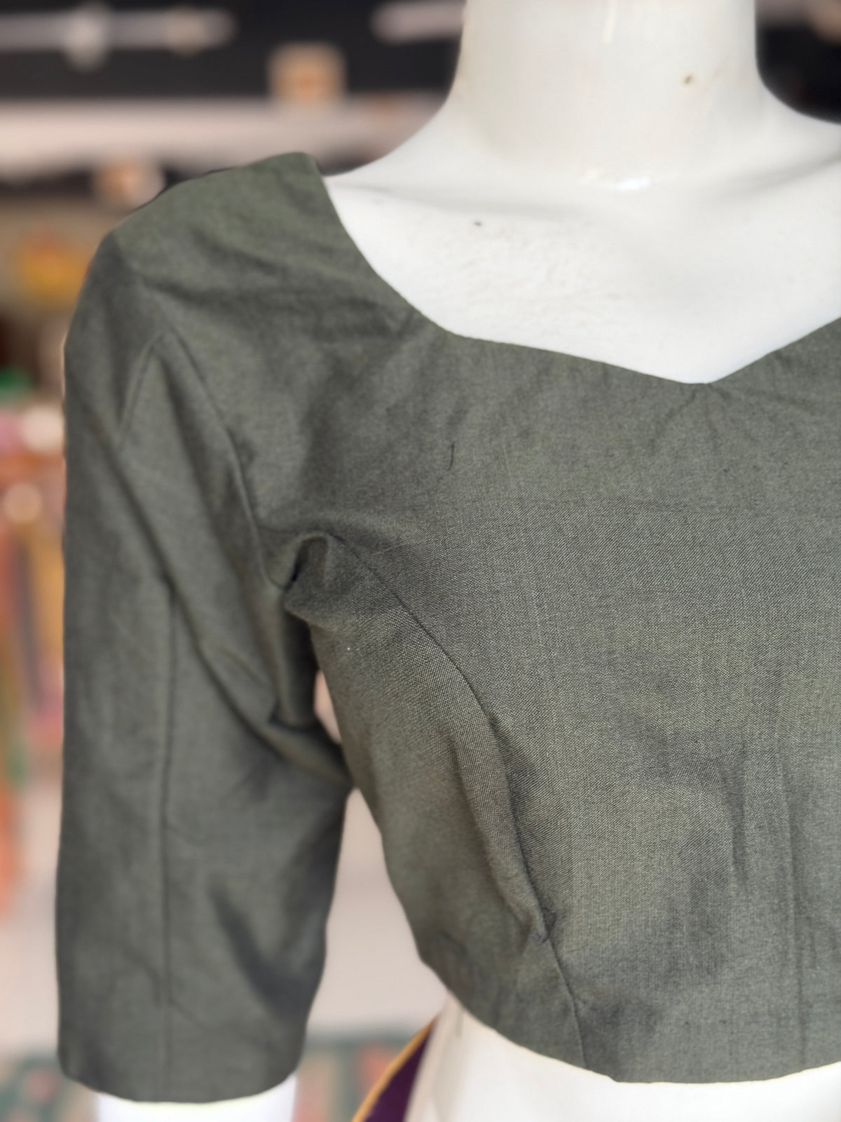 Dark green hand woven cotton elbow sleeves back open blouse