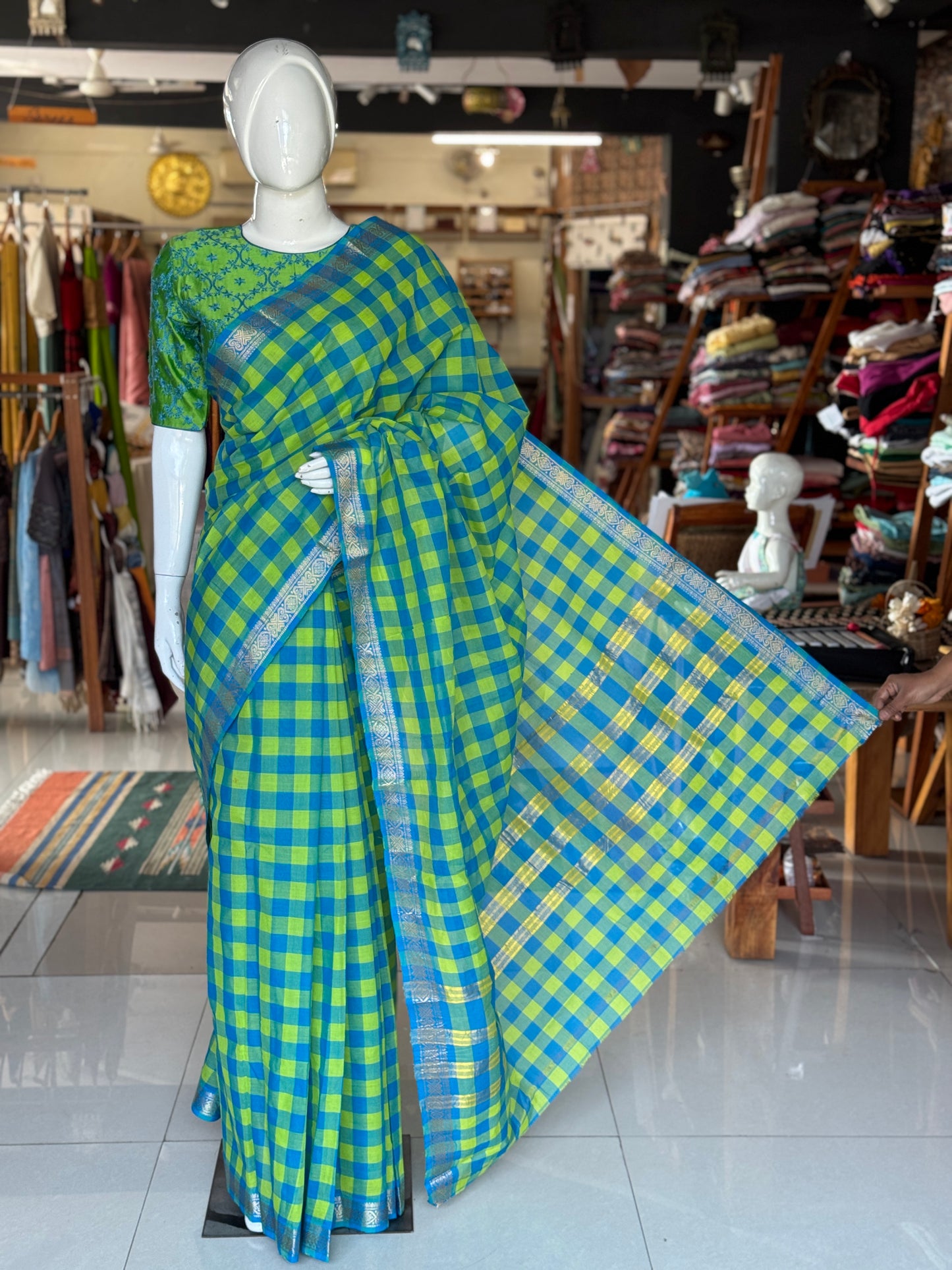 Blue green checks Chettinad cotton handloom saree