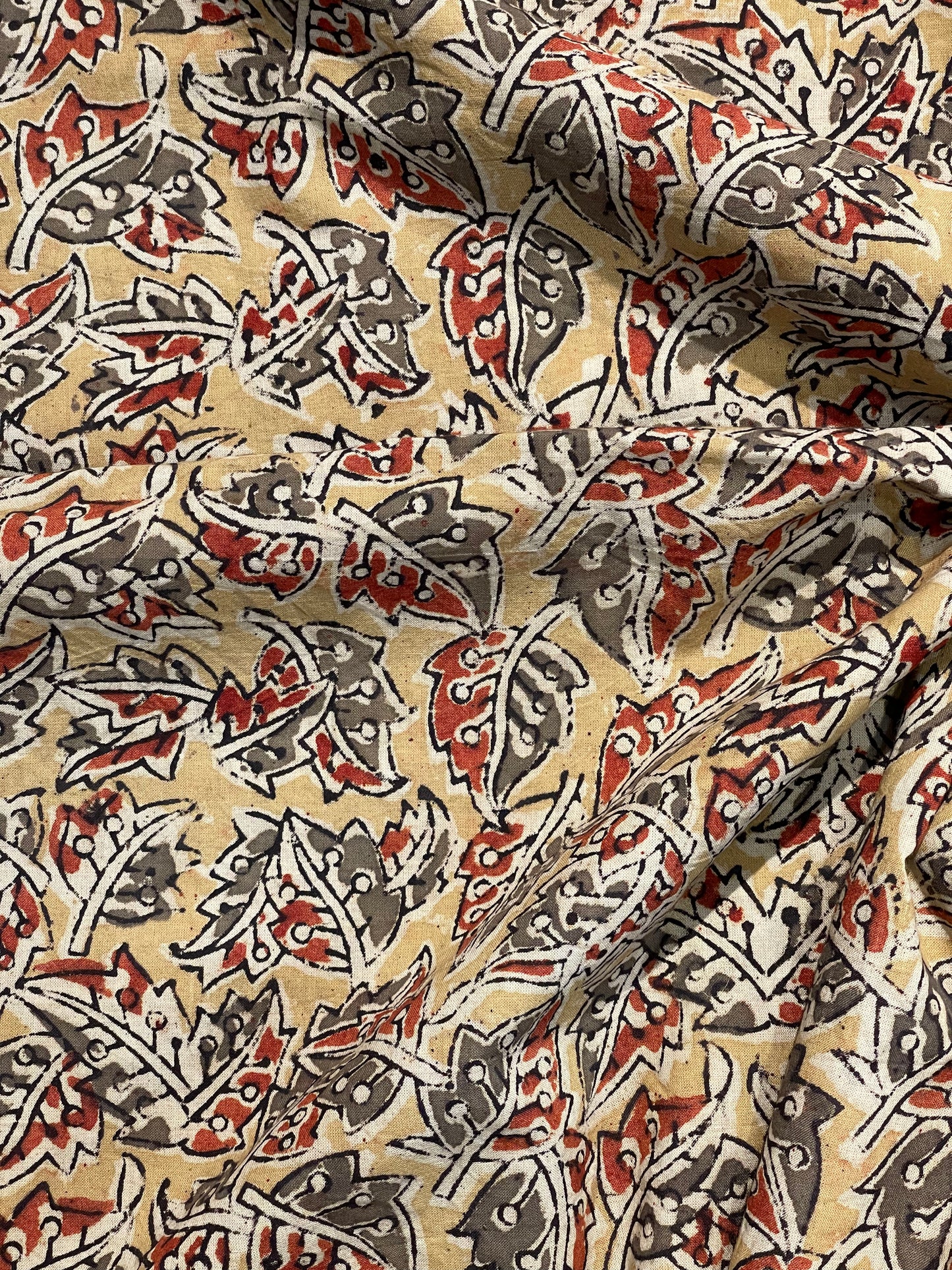 Yellow leaves design hand block printed natural dyed Kalamkari cotton fabric