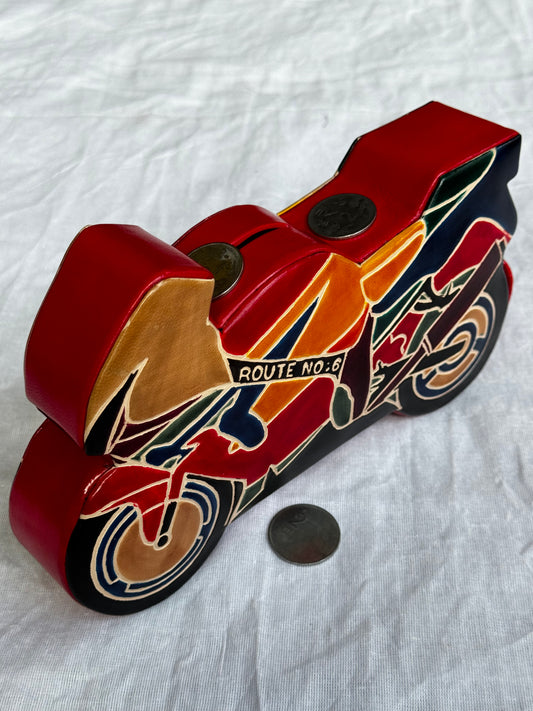 Motor bike shaped money bank - handcrafted leather