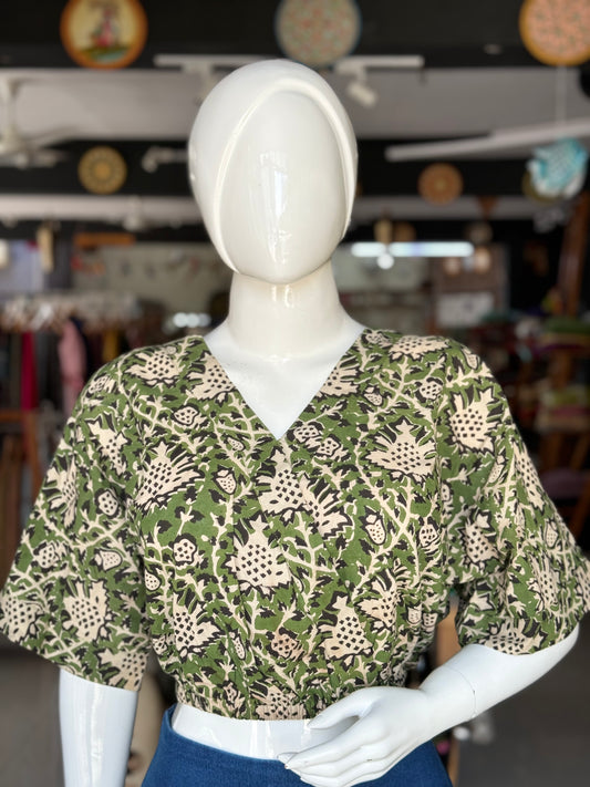 Green cotton hand block printed V neck crop top / blouse with elastic waist