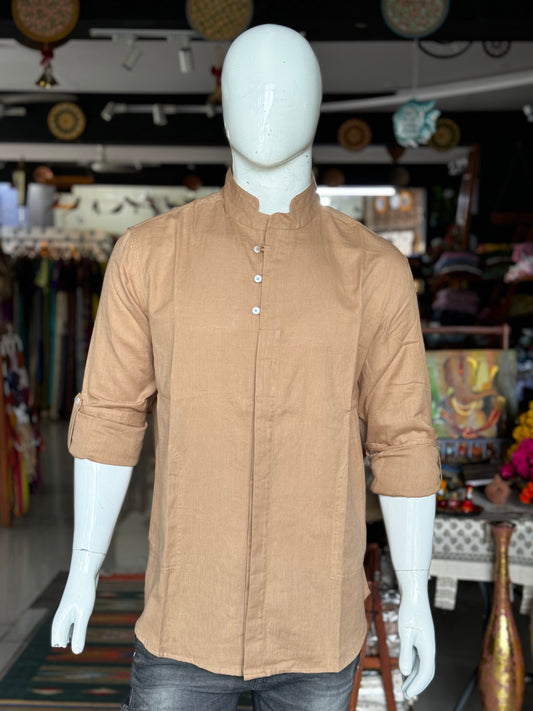 Brown fancy collared linen cotton designer shirt for men