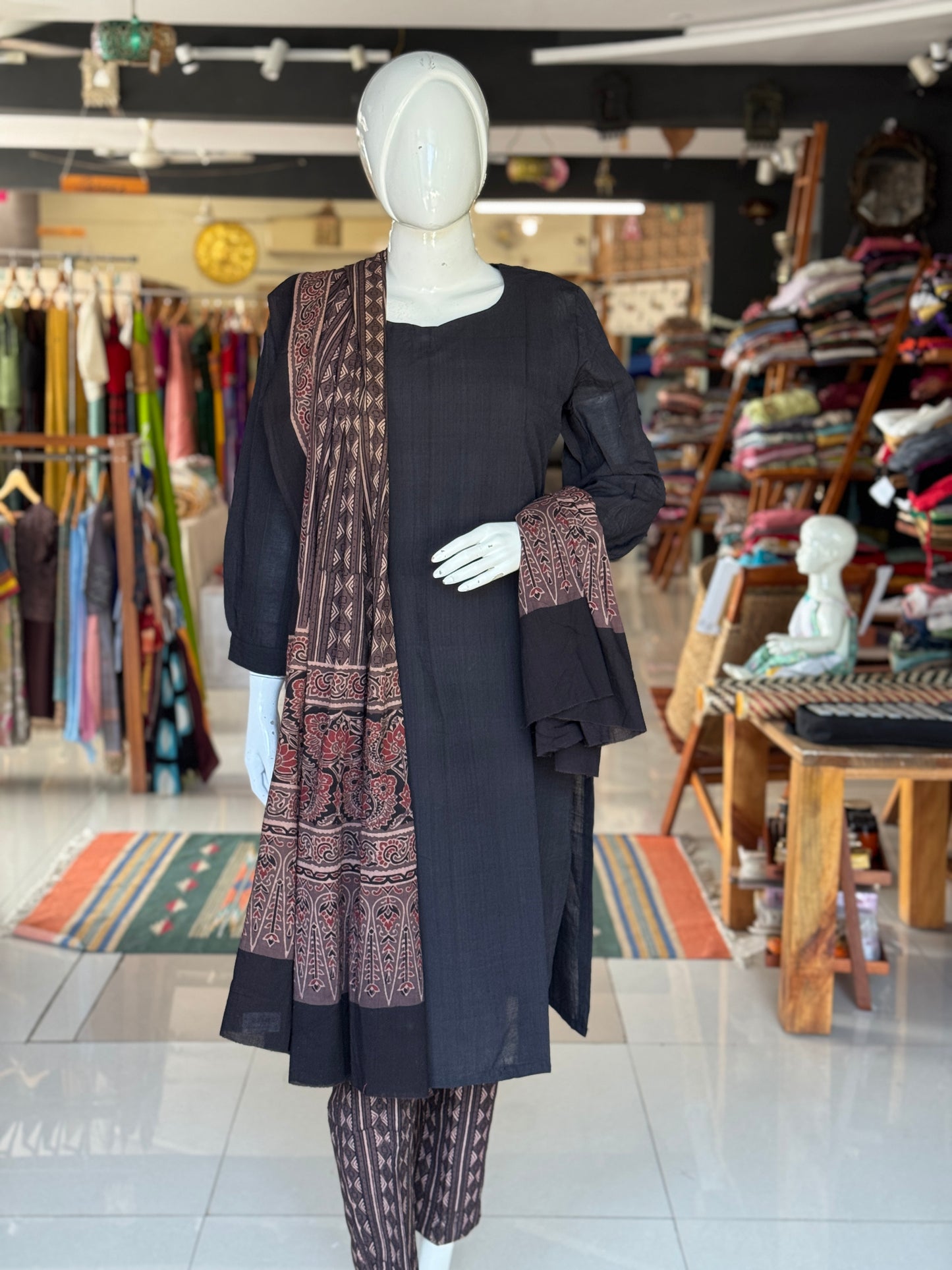 Understated elegance - Ajrakh natural dyed, hand block printed cotton dupatta n pants with handwoven plain mangalagiri cotton kurta - 3 piece suit set