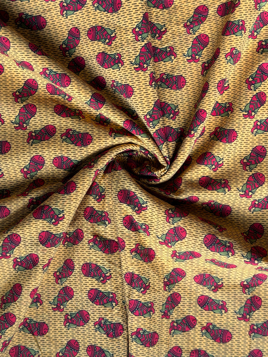 Yellow fish in water hand block printed soft cotton fabric