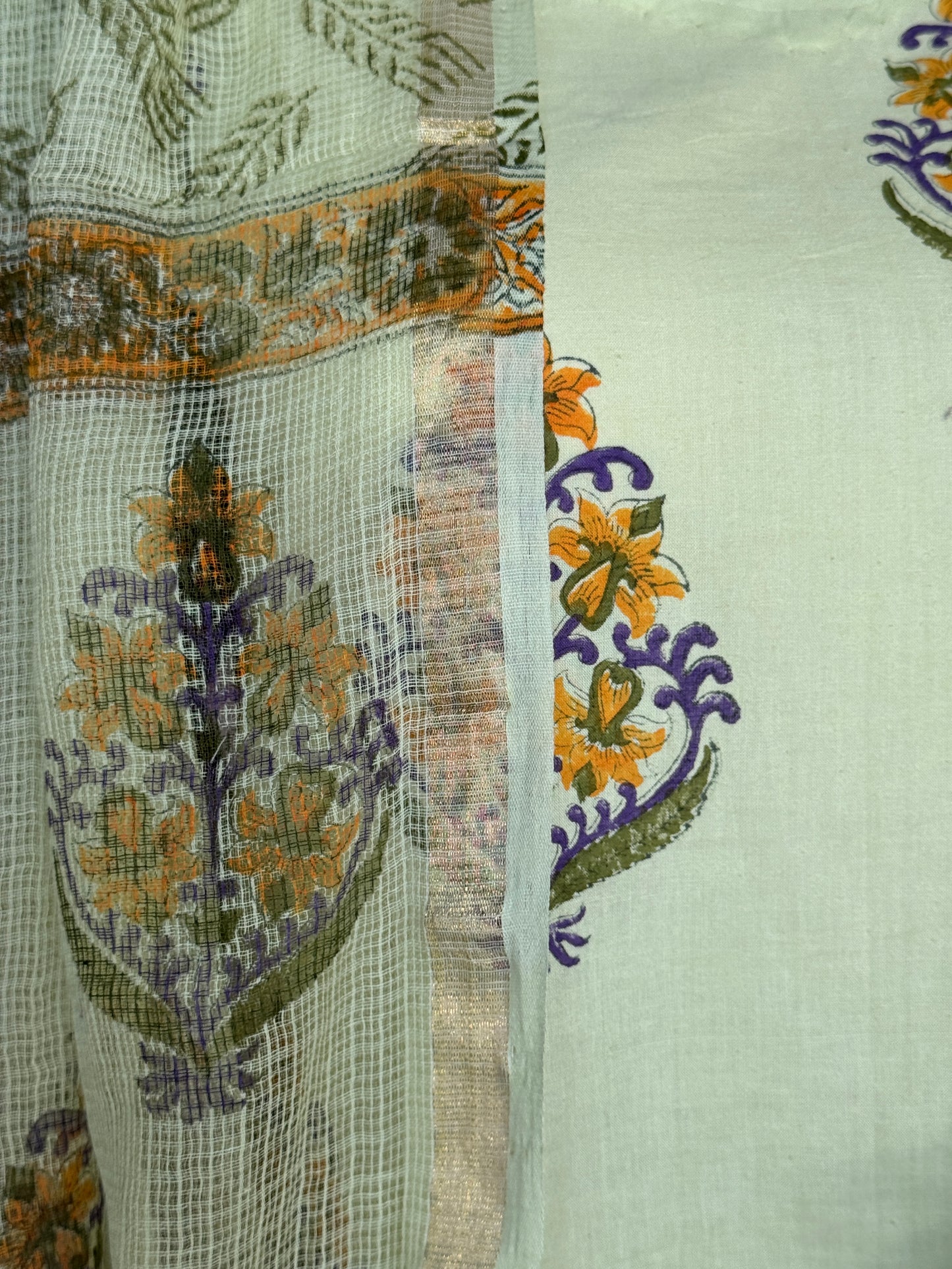 Light green hand block printed cotton 3 piece suit set with kota doria dupatta