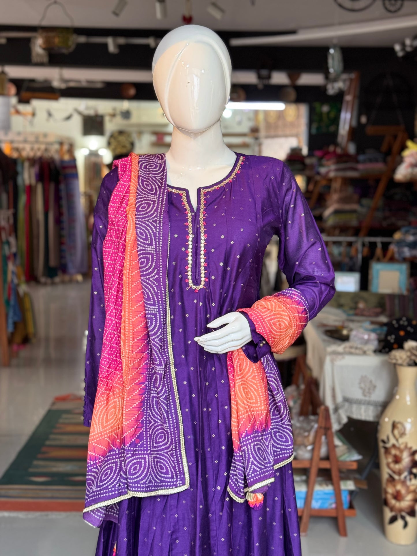 Violet silk cotton anarkali full sleeves 3 piece suit set with colorful dupatta- festive wear set