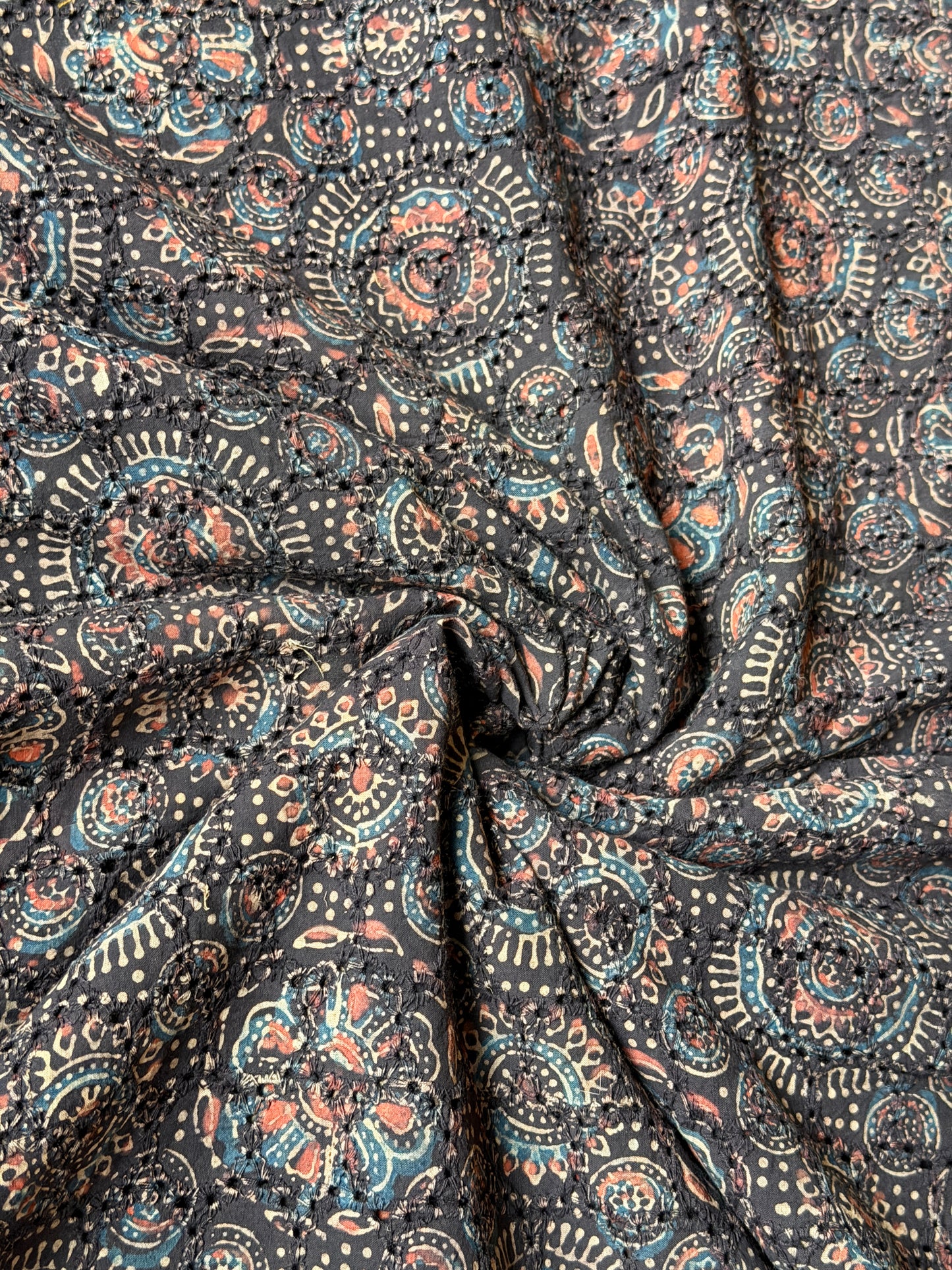 Hakoba cotton fabric with black Ajrakh hand block prints