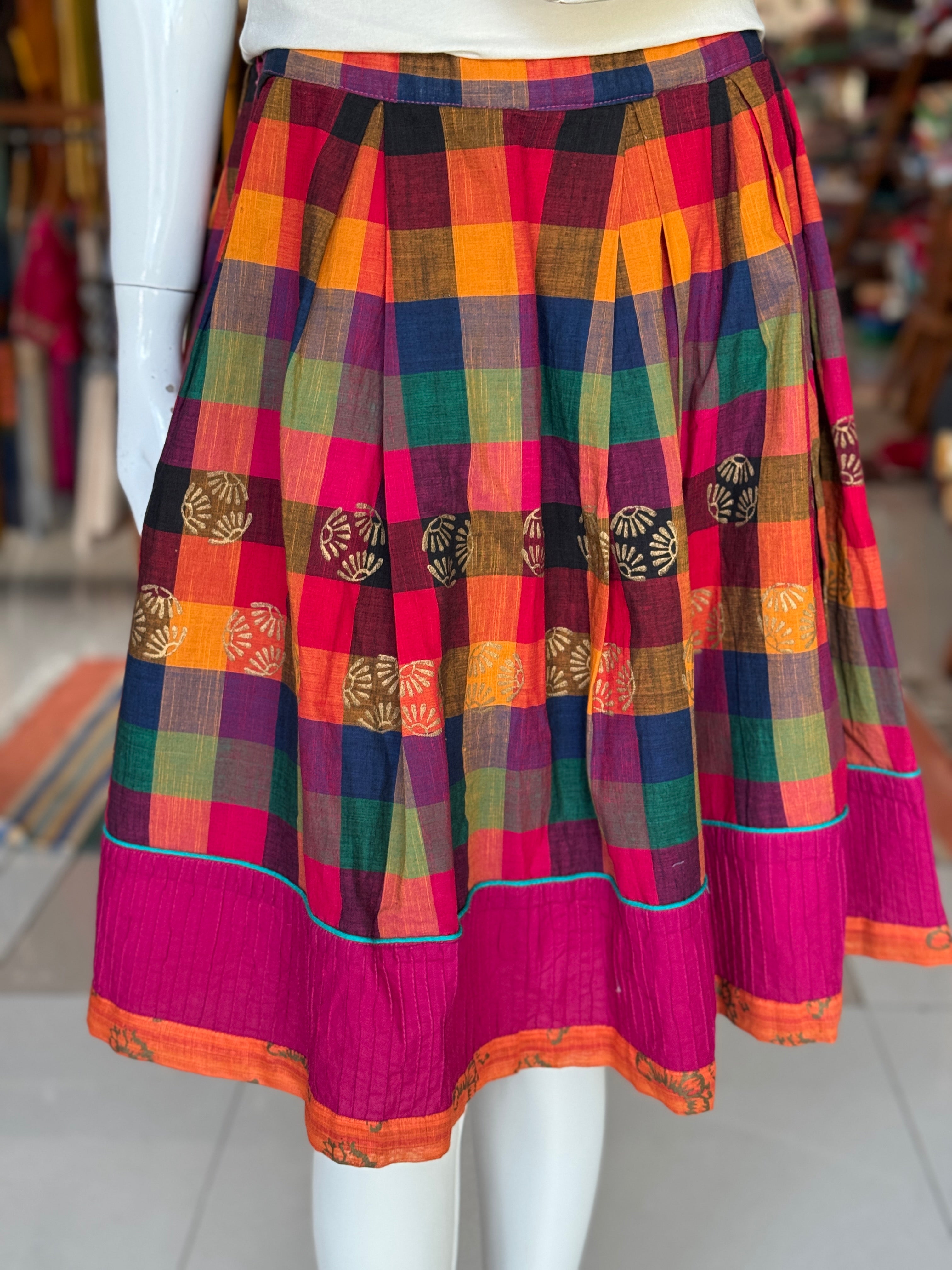 Pink Madras checks cotton short skirt - with drawstring waist