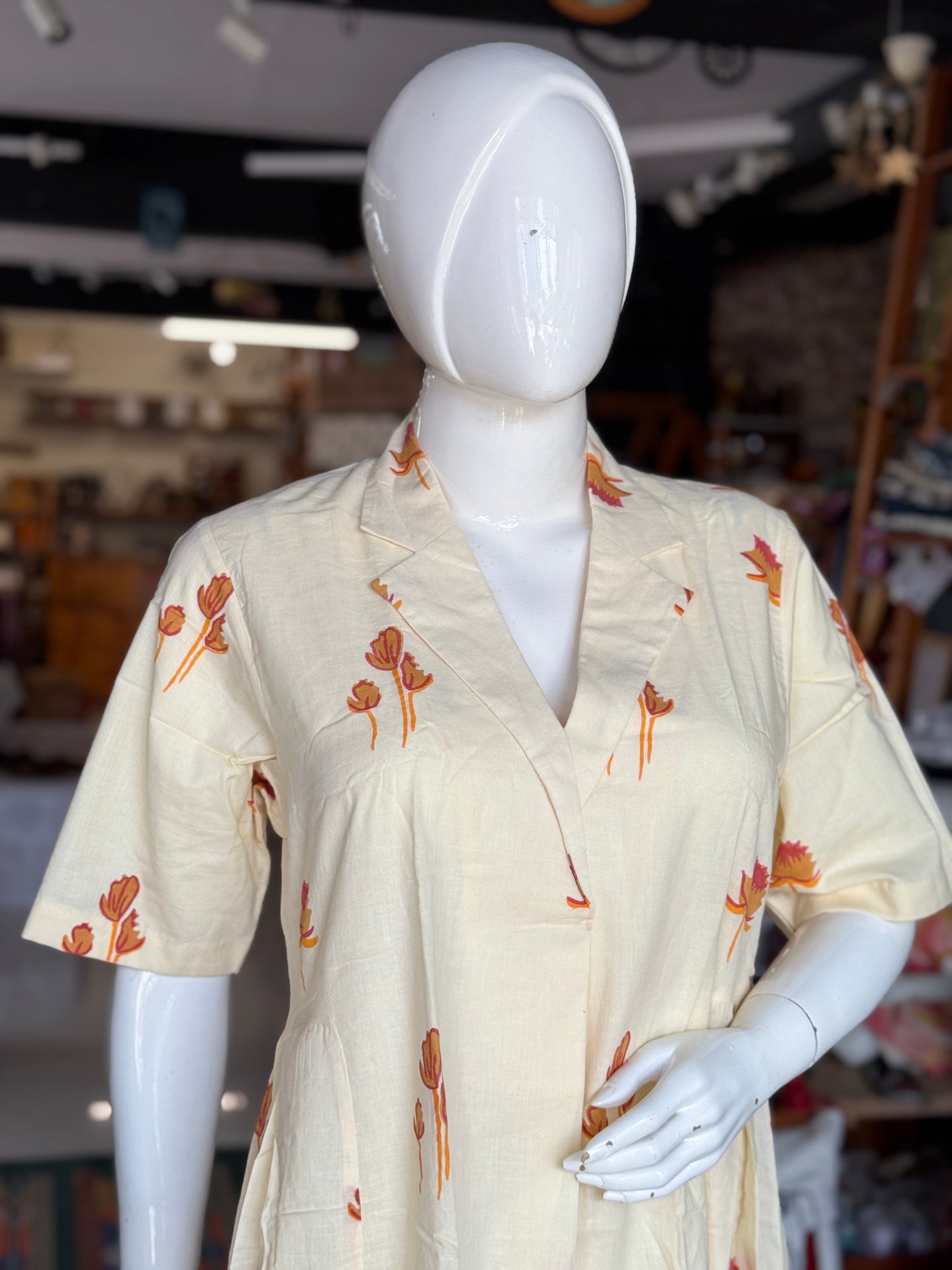 Cream floral hand block printed collared cotton dress