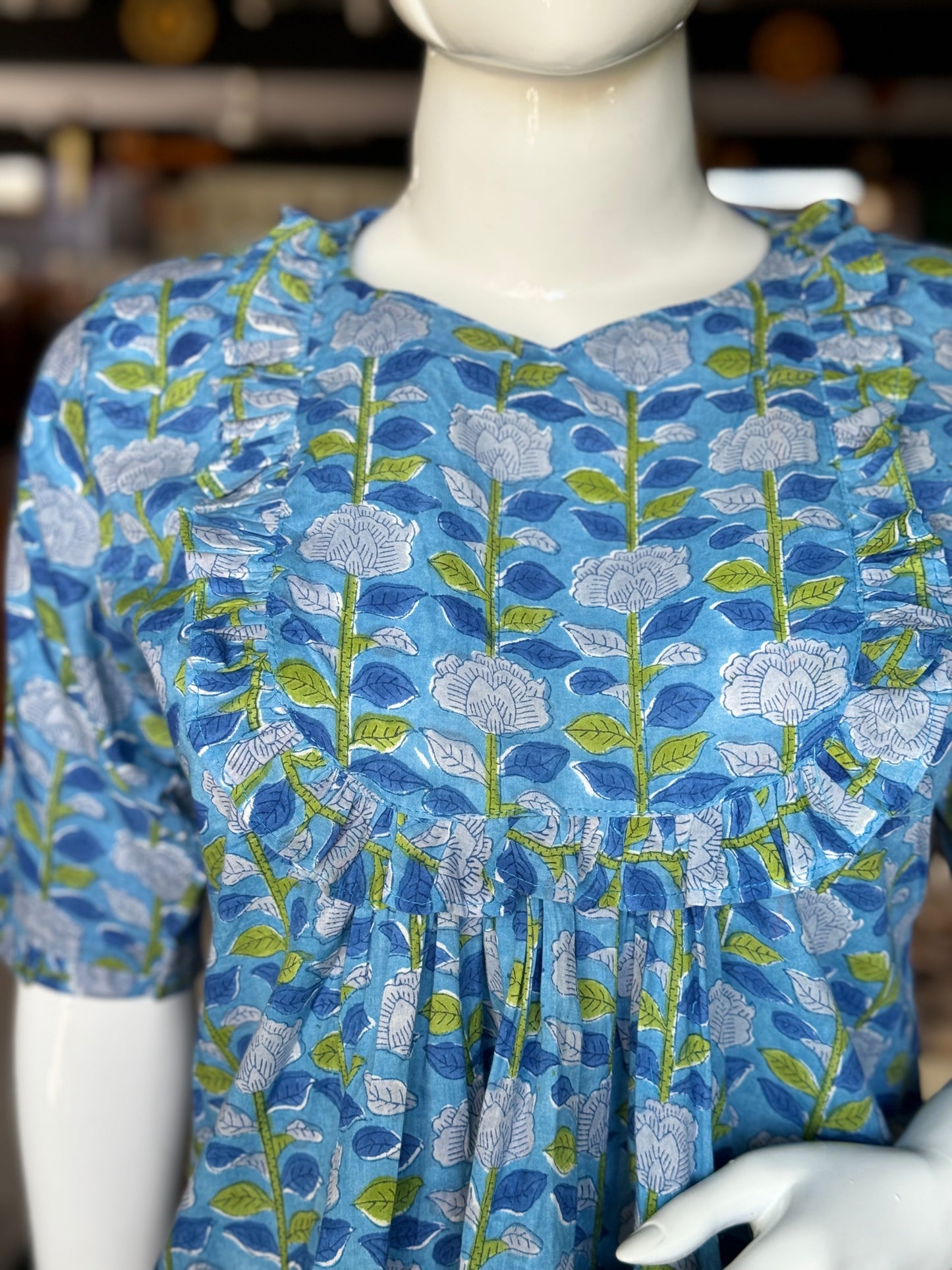 Blue hand block printed cotton frills top