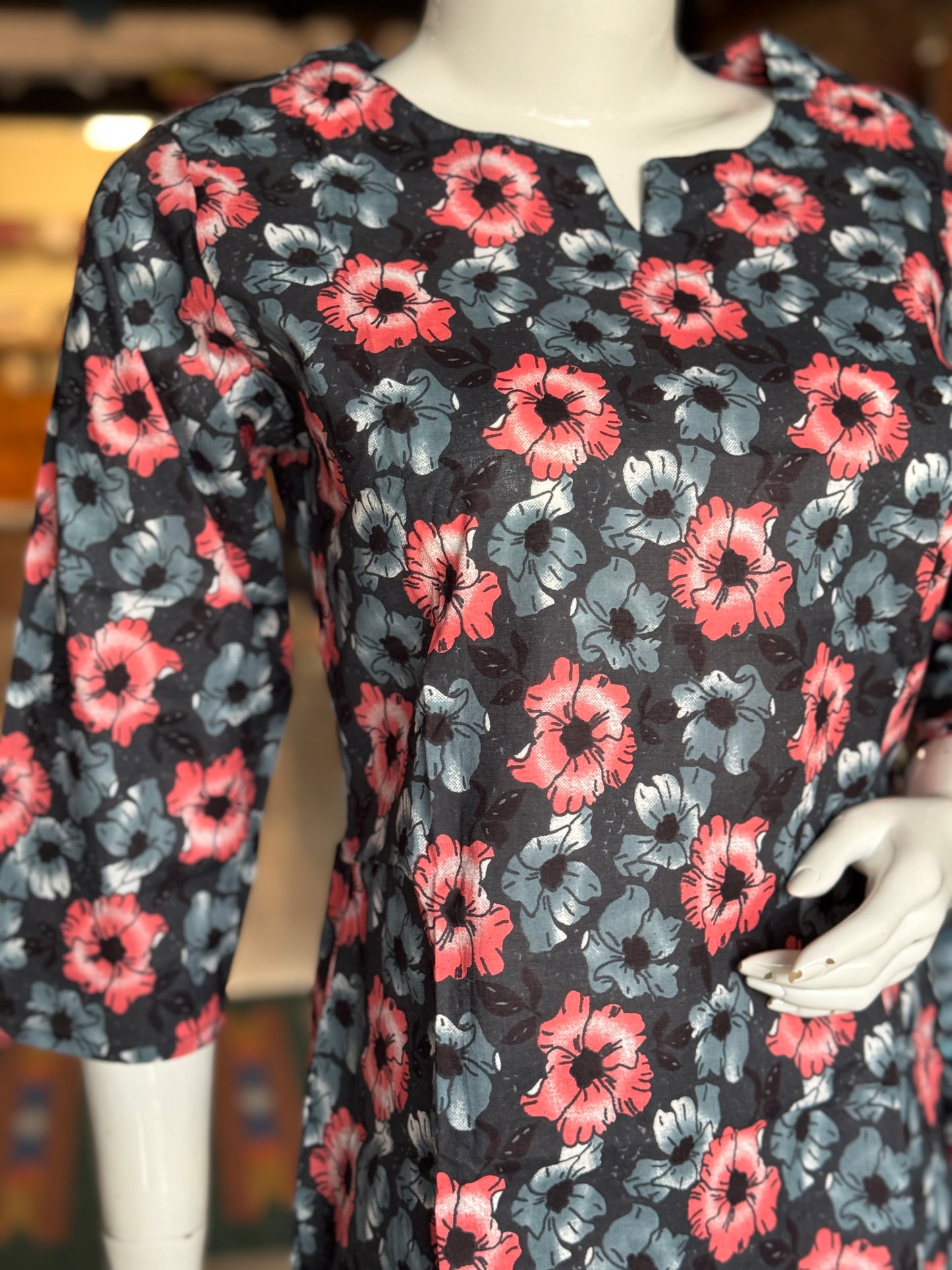 Black floral printed cotton 2 piece lounge wear / night dress set