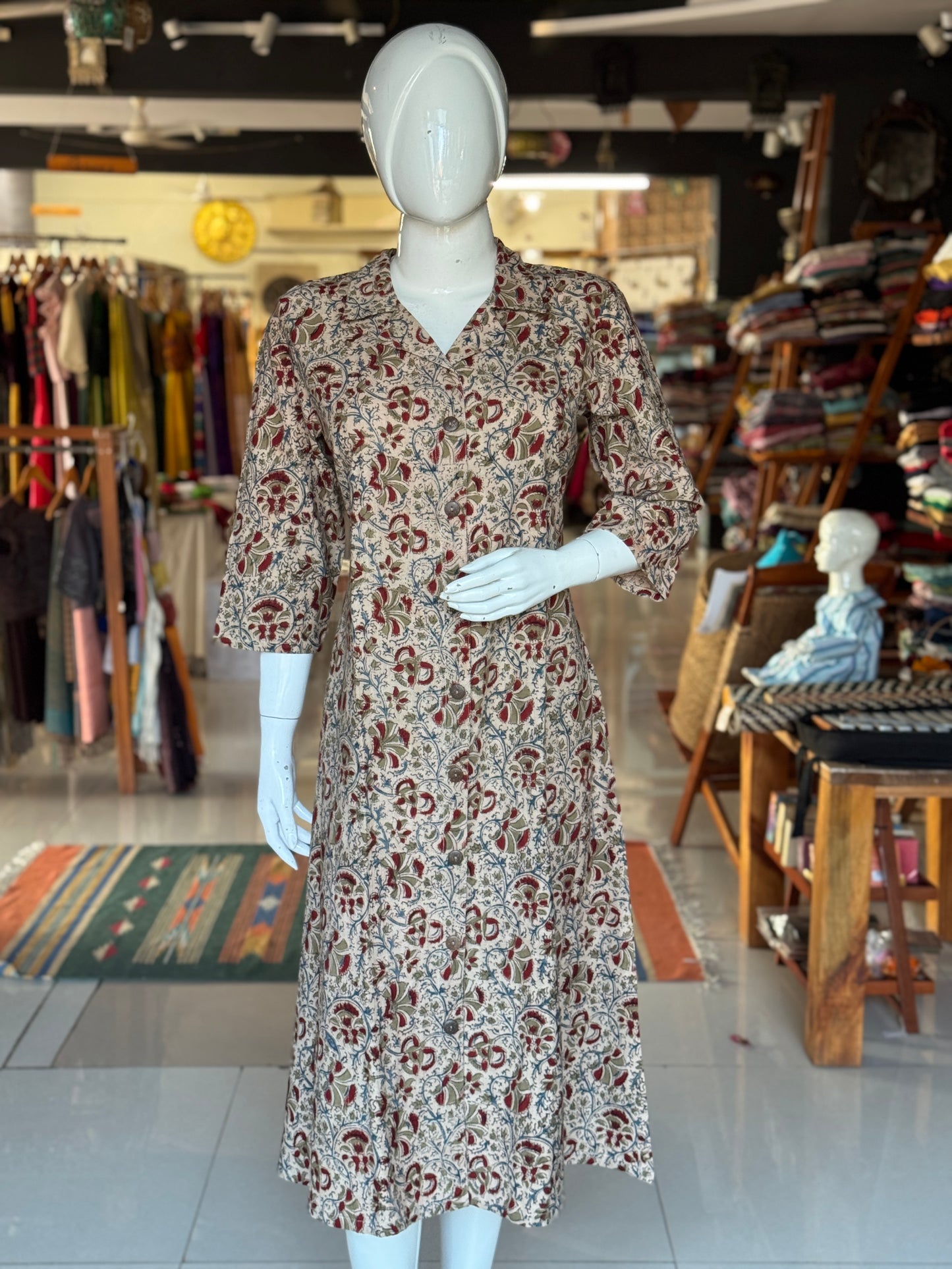 Kalamkari hand block printed collared dress -  Freedom fabric kurti - Hand spun, hand woven, hand block printed cotton