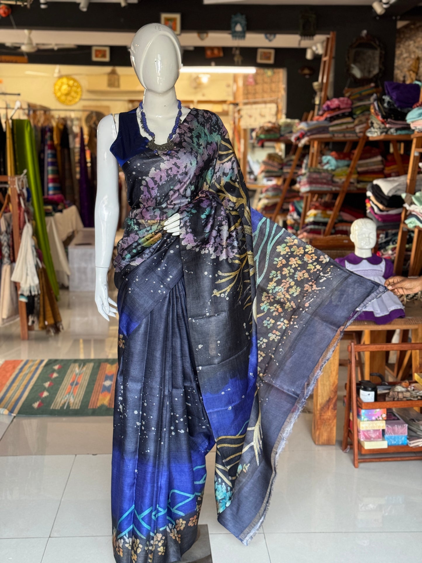 Navy Blue and Royal blue hand painted pure tussar silk saree - big tree on the palla