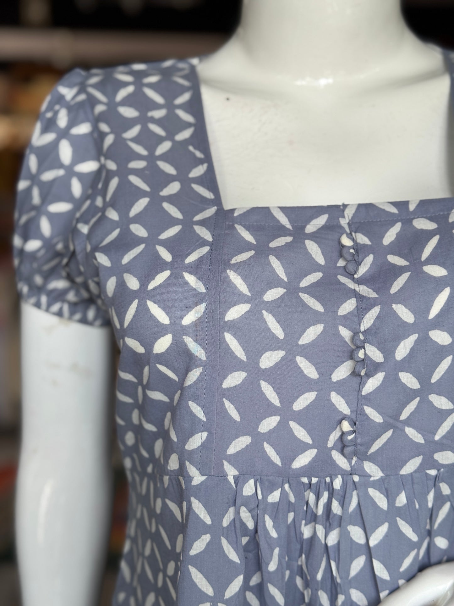 Grey petals design hand block printed cotton dress with puff sleeves