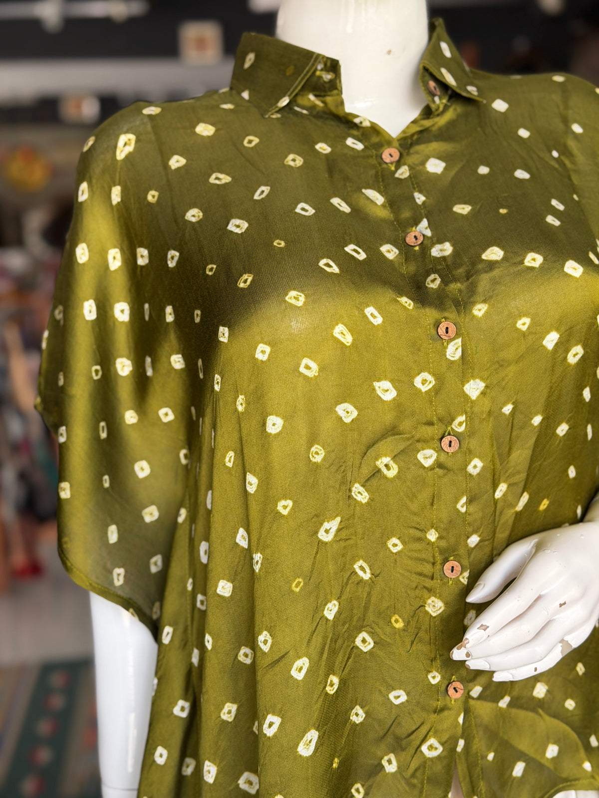 Olive green hand tie n dye bandini modal free size kaftan shirt