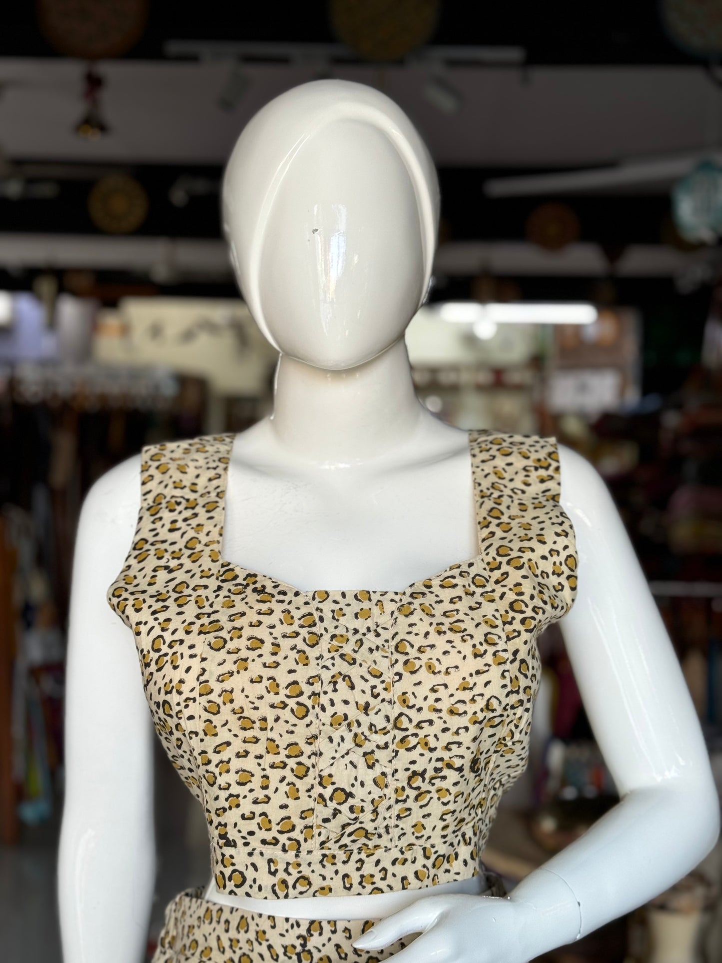 Beige leopard hand block printed cotton crop top / blouse