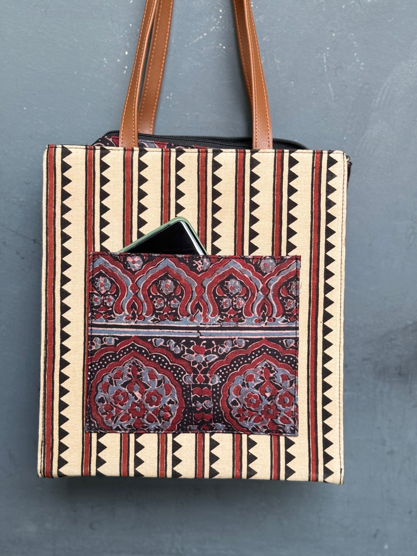 Wide base hand block printed, fabric tote bag with front patch pocket