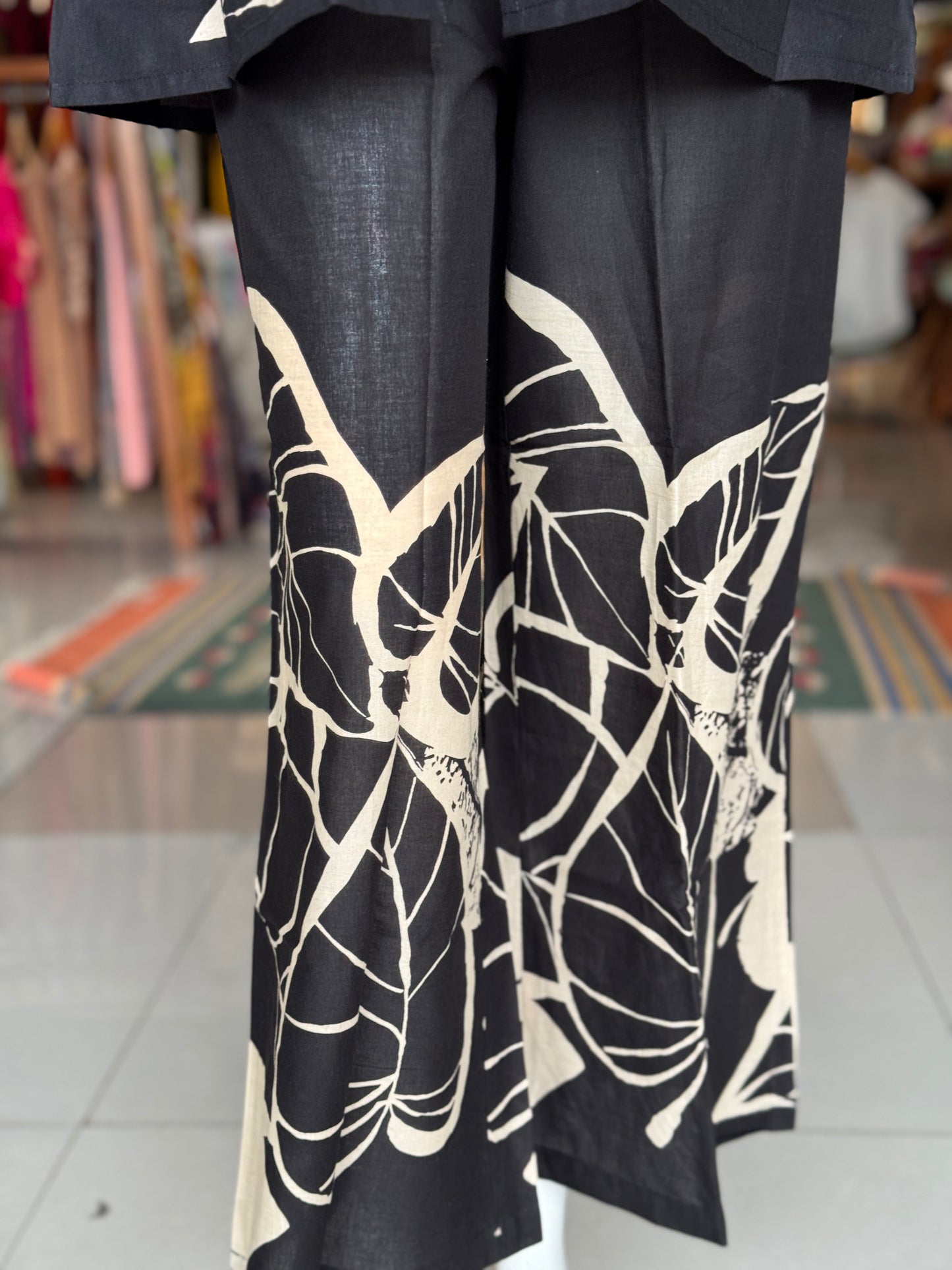 Black with leaves print band collared cotton top with long sleeves and pants - coord set