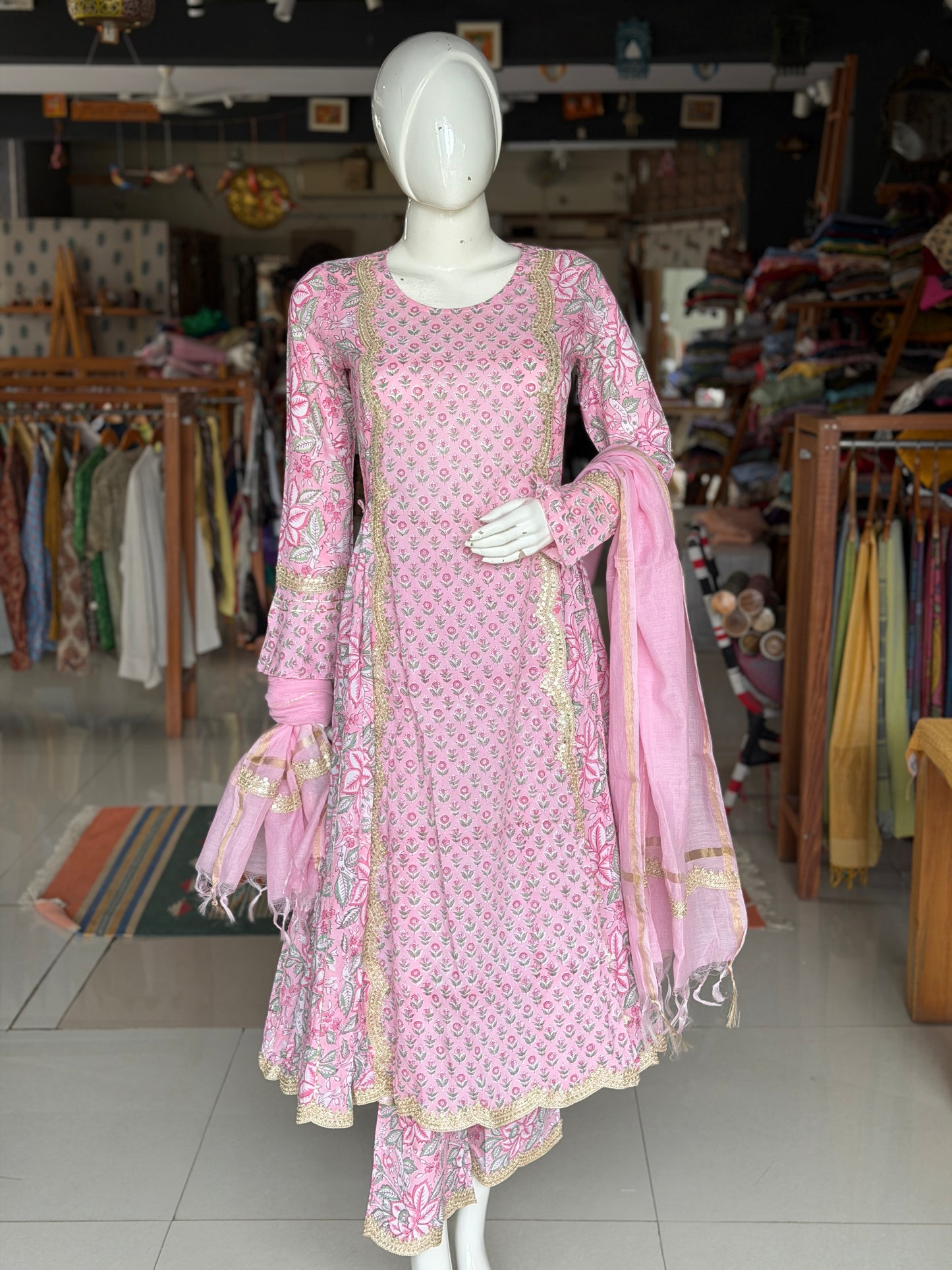 Pink floral hand block print with lace detailing flared kurti, pants and dupatta - 3 piece set
