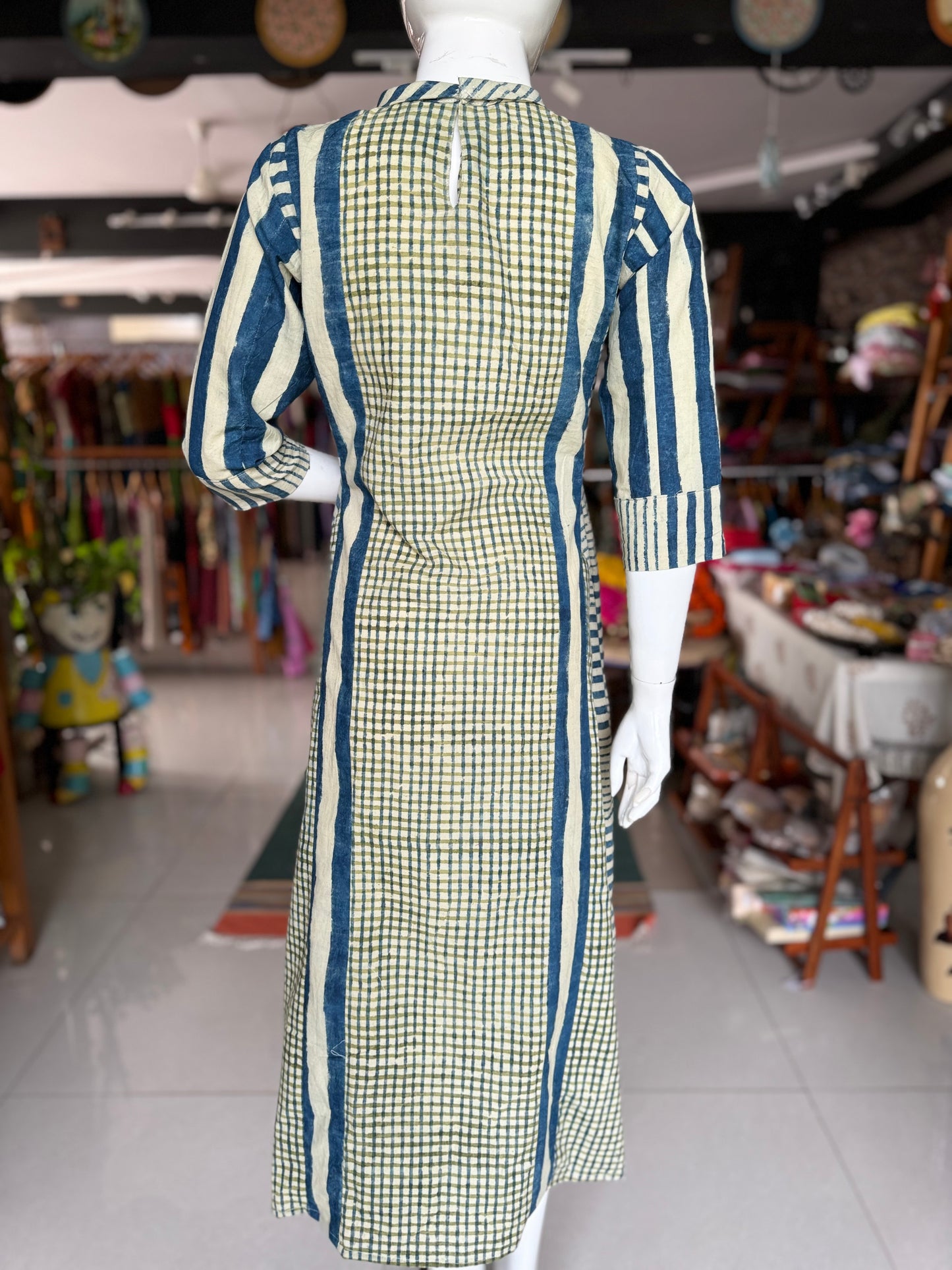 Blue green stripes and checks hand block printed designer cotton dress with band collar