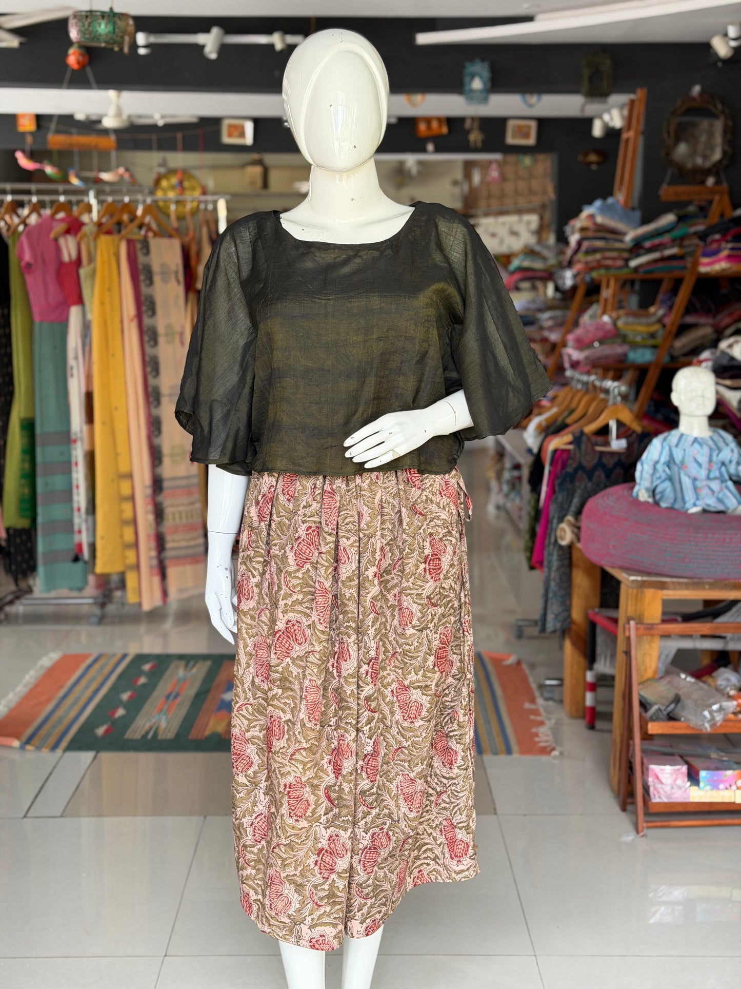 Mehendi green handwoven silk cotton kaftan style top