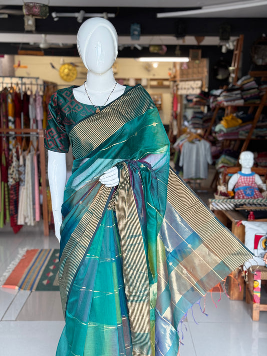 Turquoise, teal, green - multi color star buti stripes silk cotton Maheshwari handloom saree