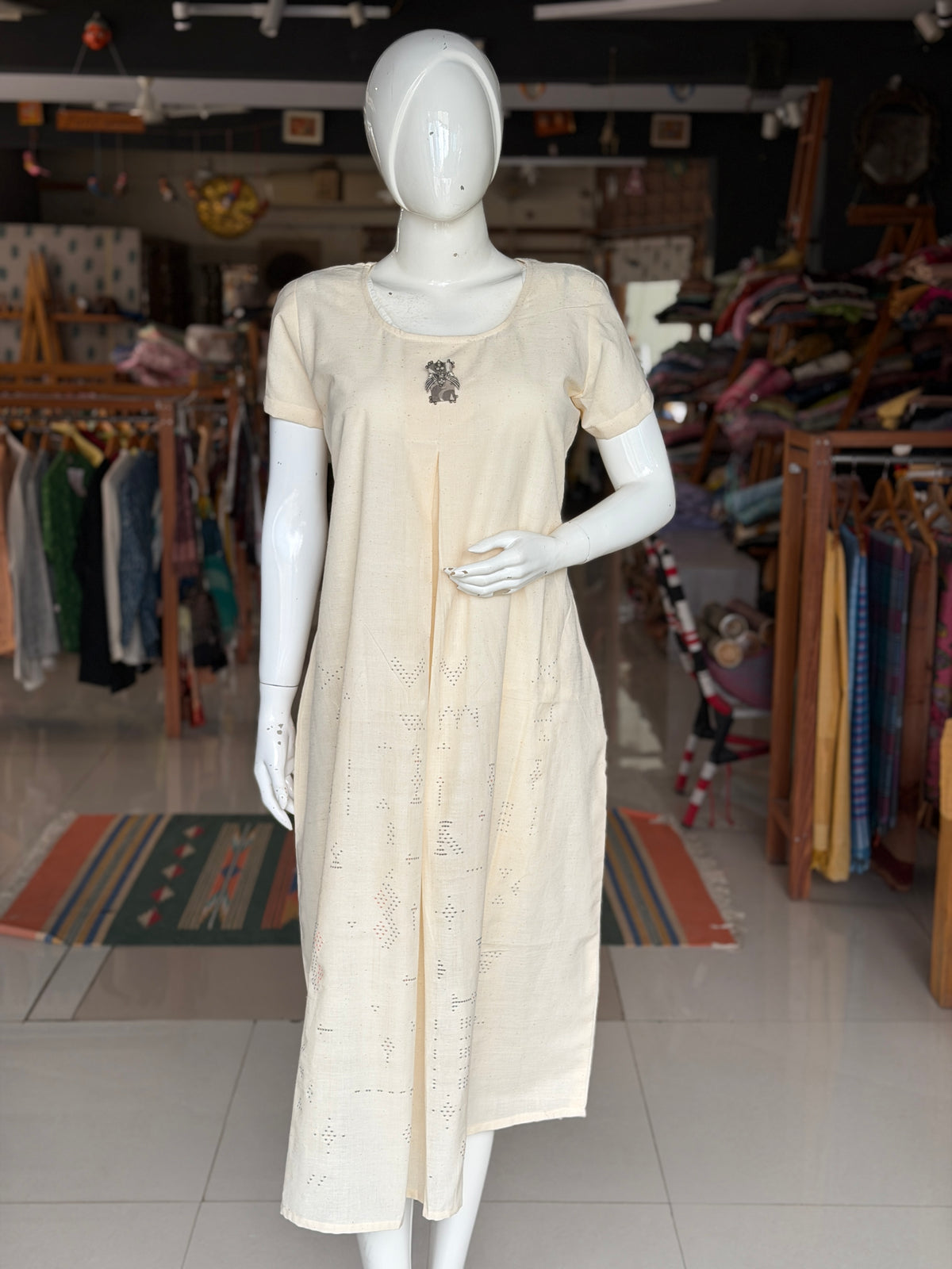 Off white Tangaliya front box pleated handwoven kala cotton x fine cotton a-line kurti / dress