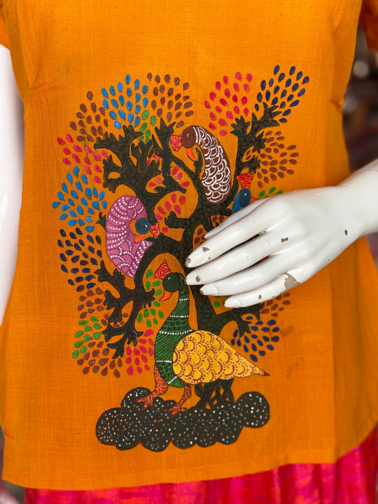 Yellow peacocks hand painted, handwoven cotton top