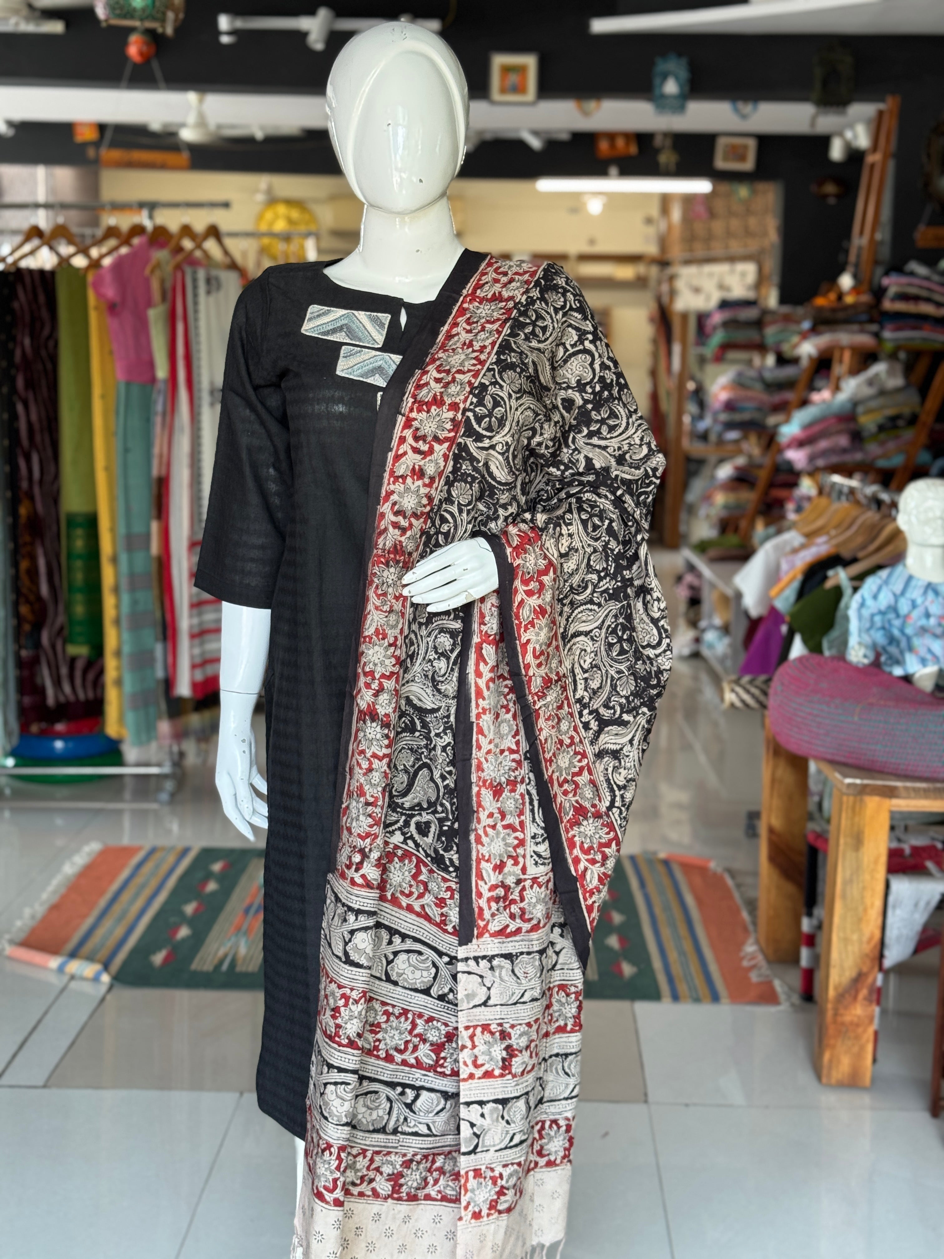 Beige n black Kalamkari floral hand block printed art silk dupatta ...