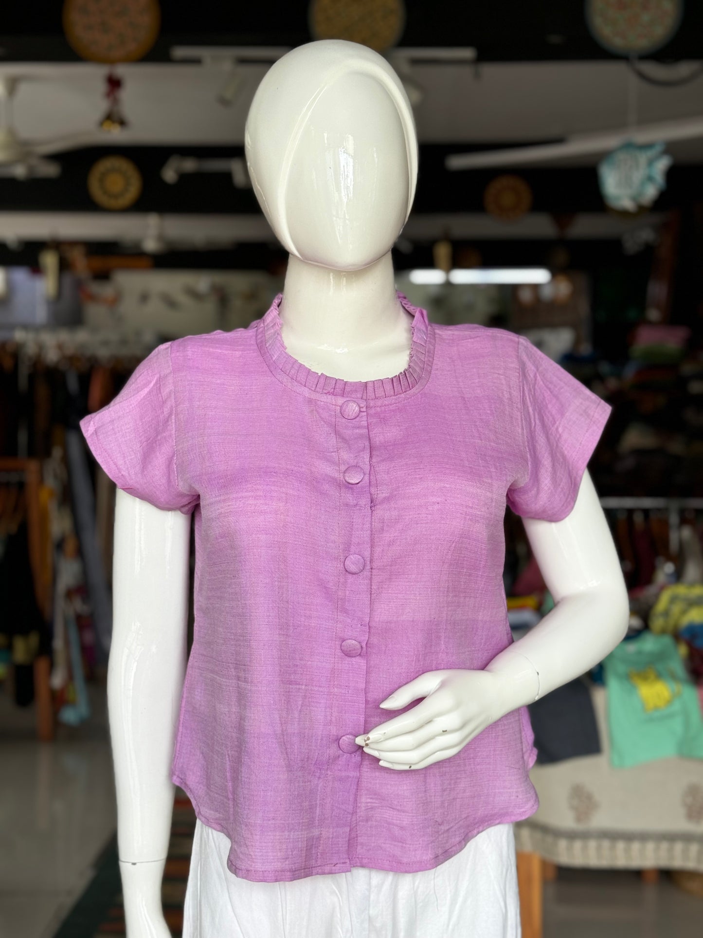 Twill weave handloom cotton top with frill neckline