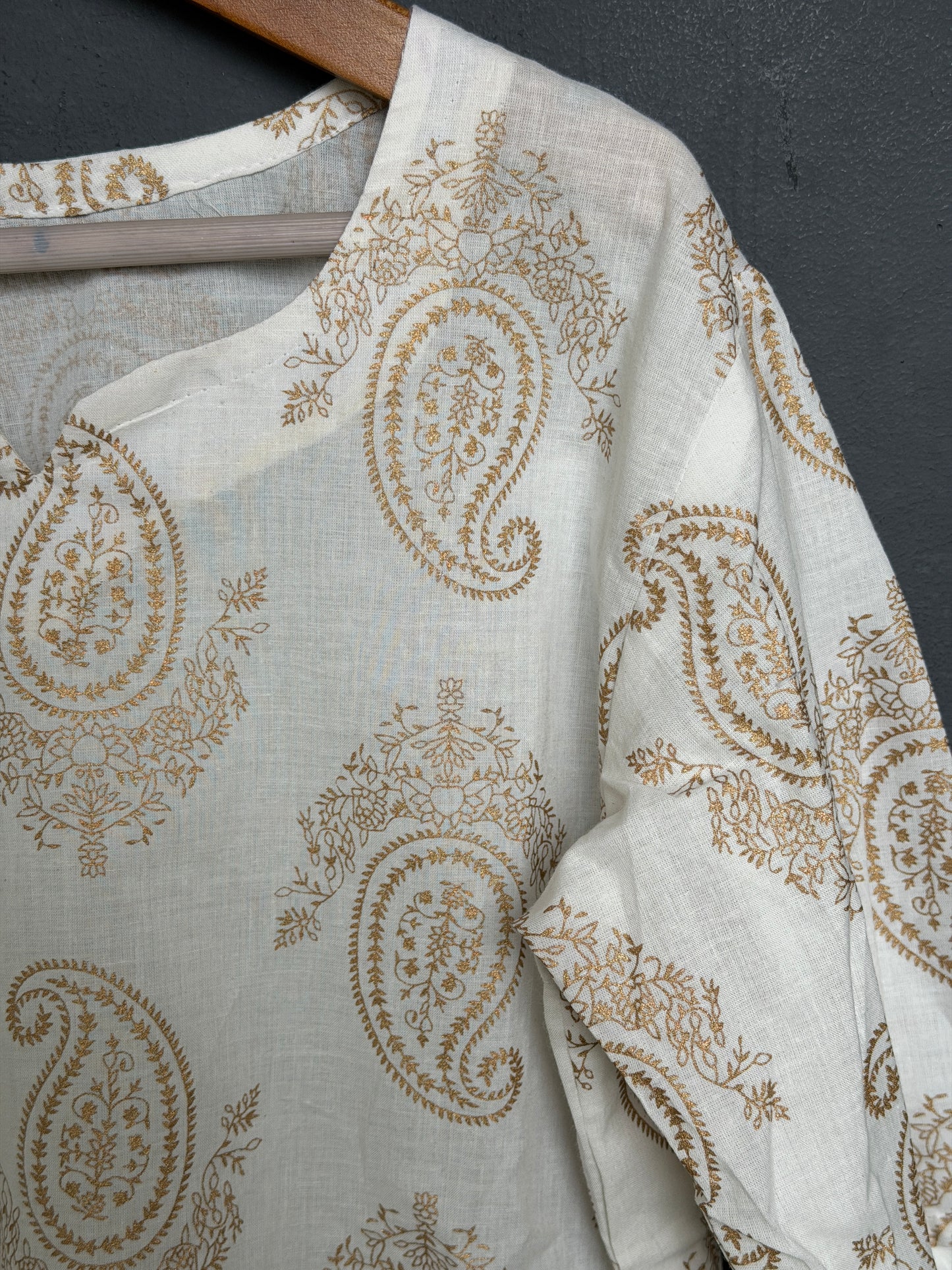 White cotton straight cut Kurti for girls - golden paisleys