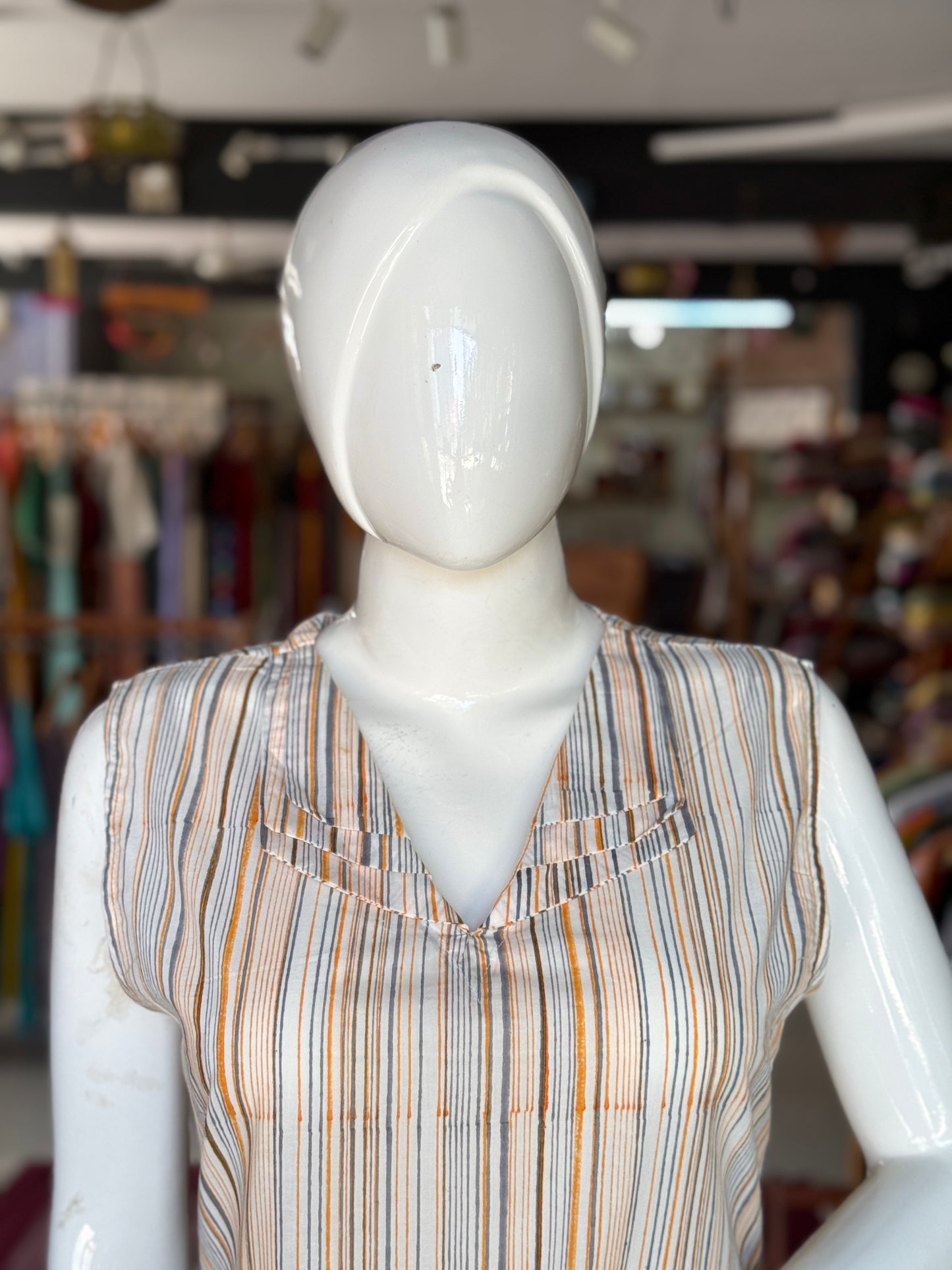 Orange grey stripes on offwhite handblock print cotton frills dress with multiple collars