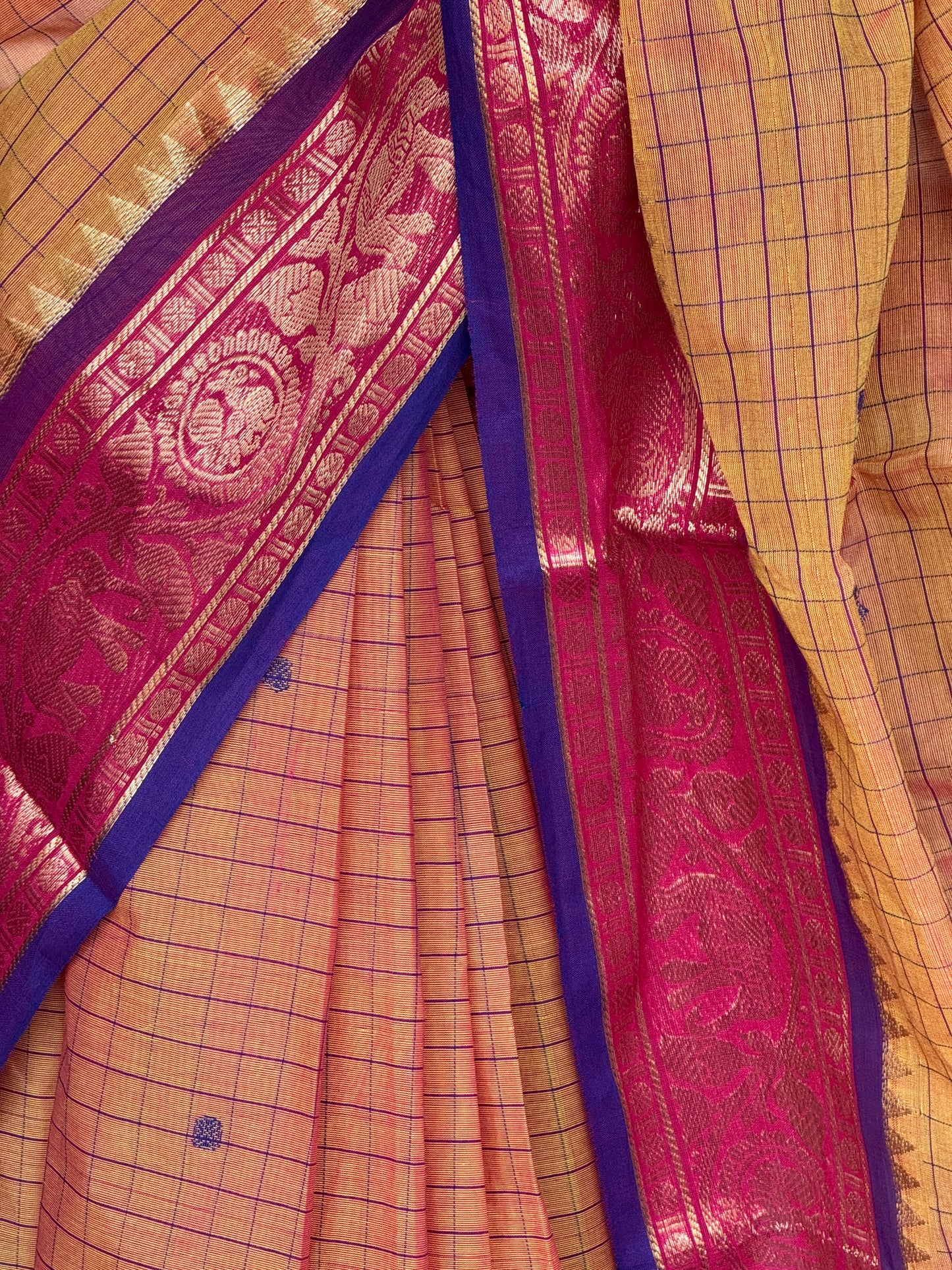 Yellow x pink cotton checkered Venkatagiri power loom saree with purple border